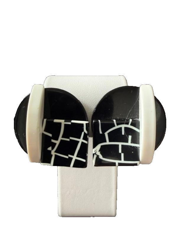 Vintage Black White Geometric Mod Clip On Earrings Art Deco Style