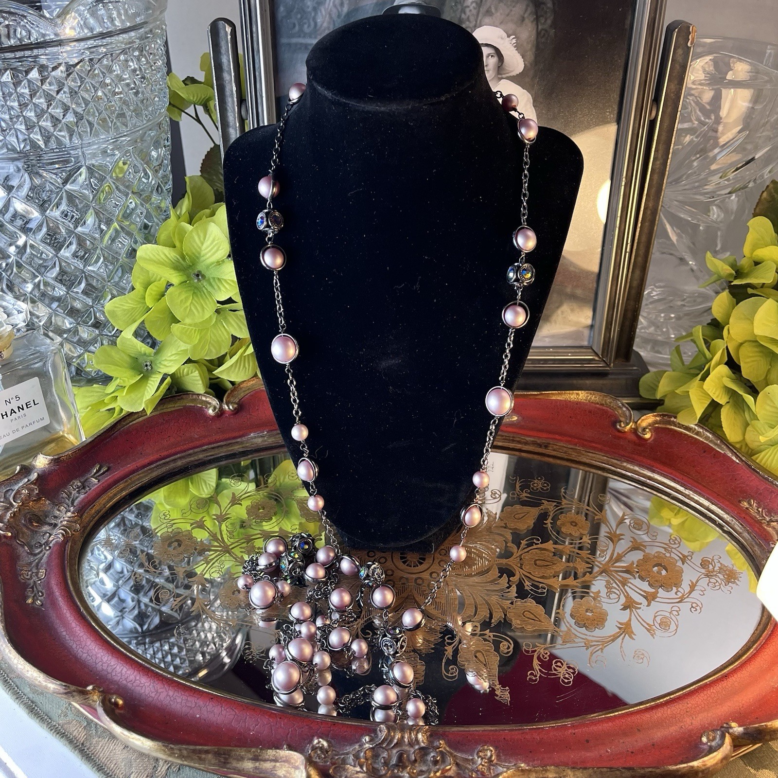 Vtg Coldwater Creek 52” Lavender Beaded Sautoir Necklace – AB Crystals -Gunmetal