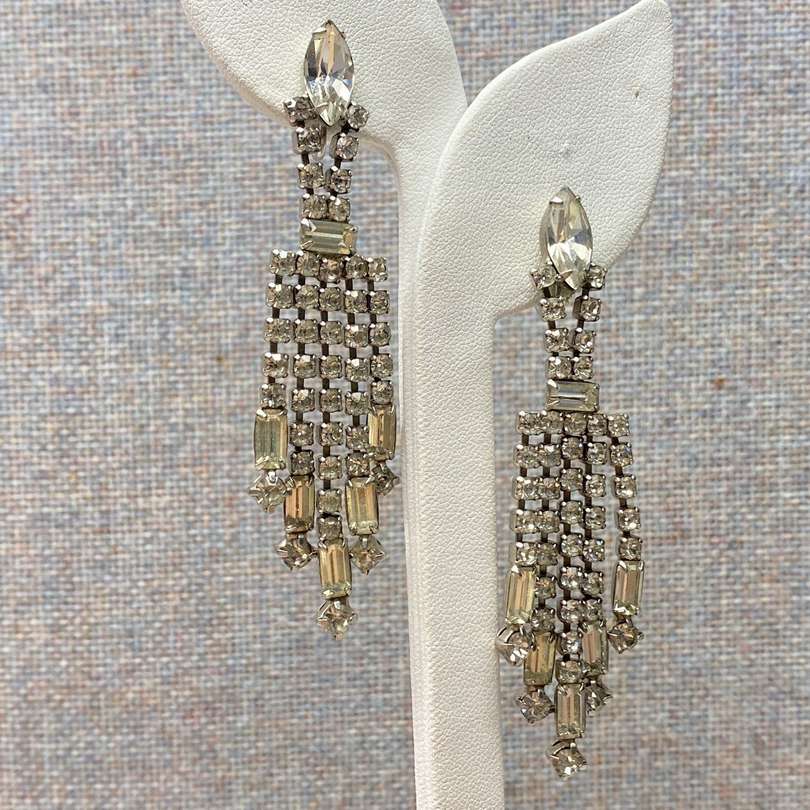Vintage Rhinestone Clip On Earrings 3″ Drop 5 Strands Screw Back Old Money