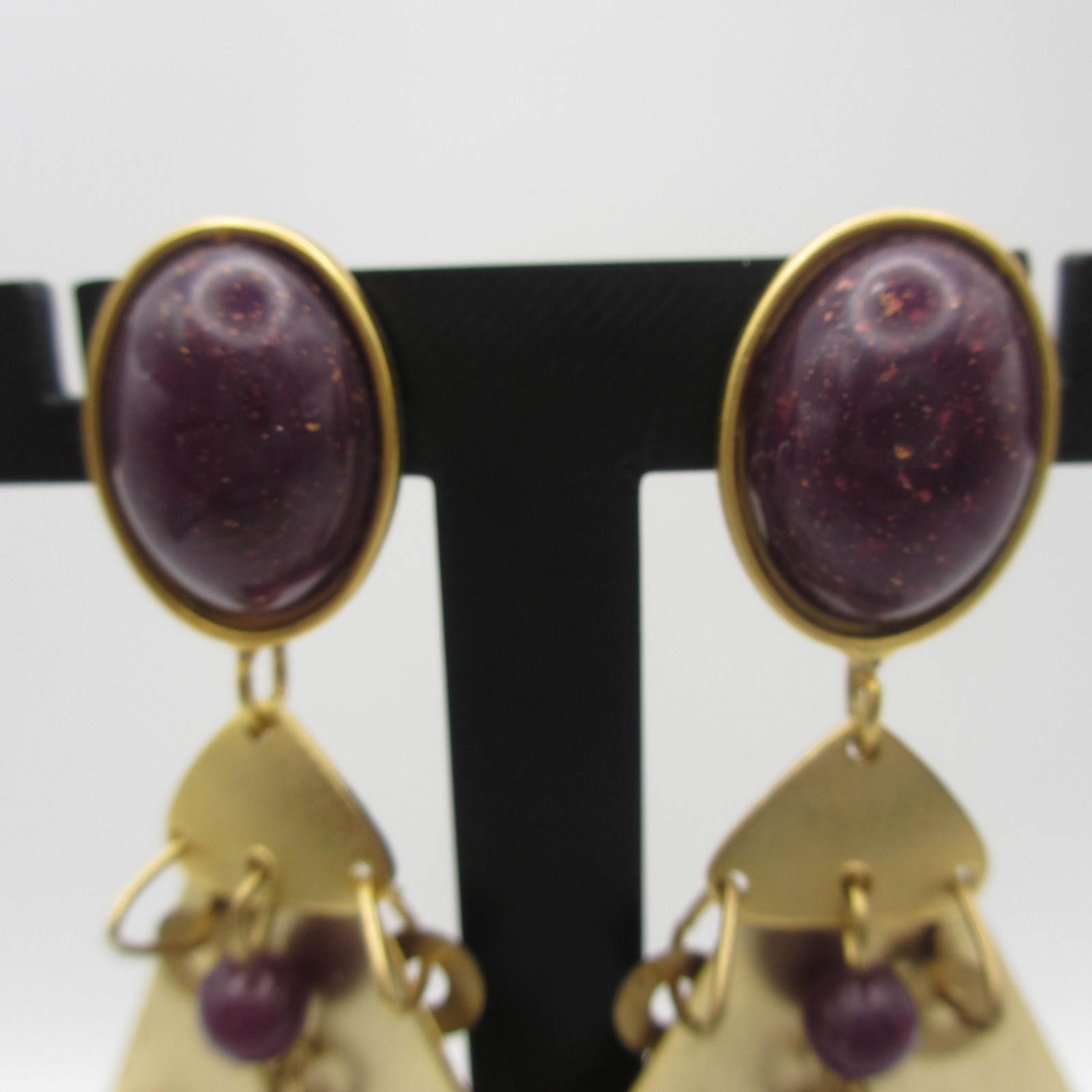 Vintage Statement Earrings Drop Dangle Triangles Purple Beads Bold Post Backs