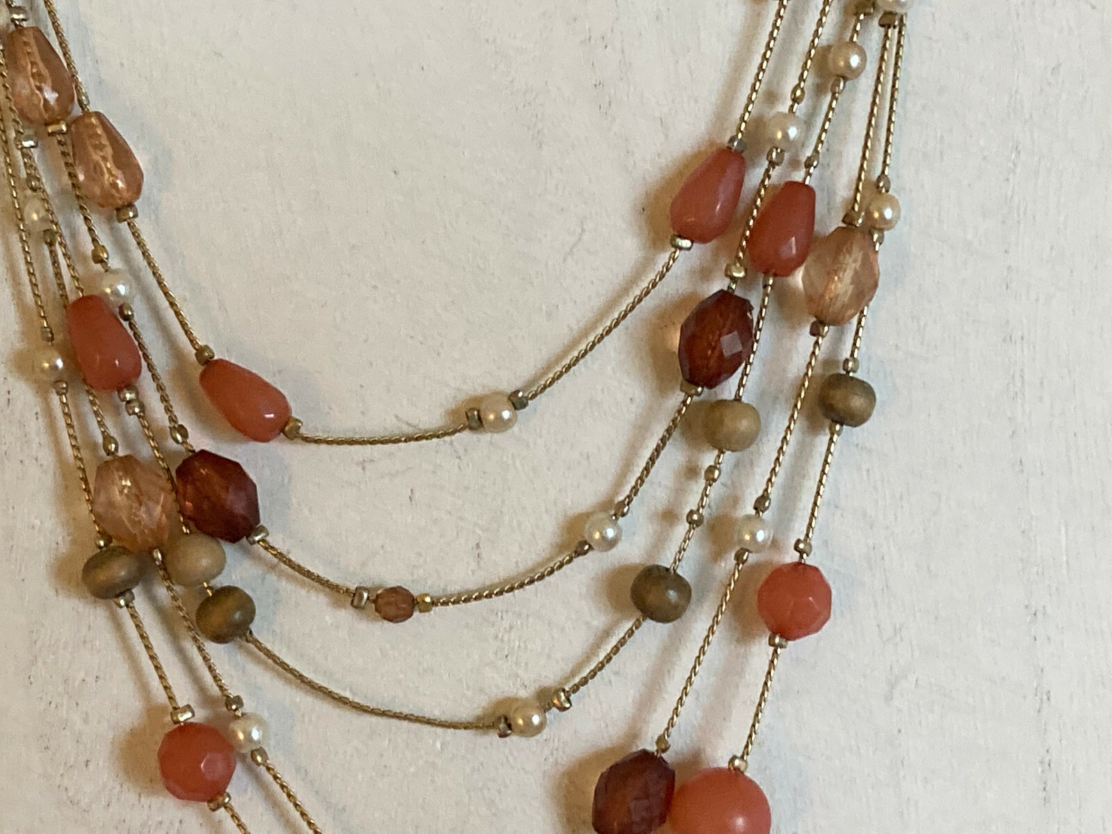 Vintage Five Chain Faux Pearl, Brown and Peach Bead Gold Tone Necklace – 16″