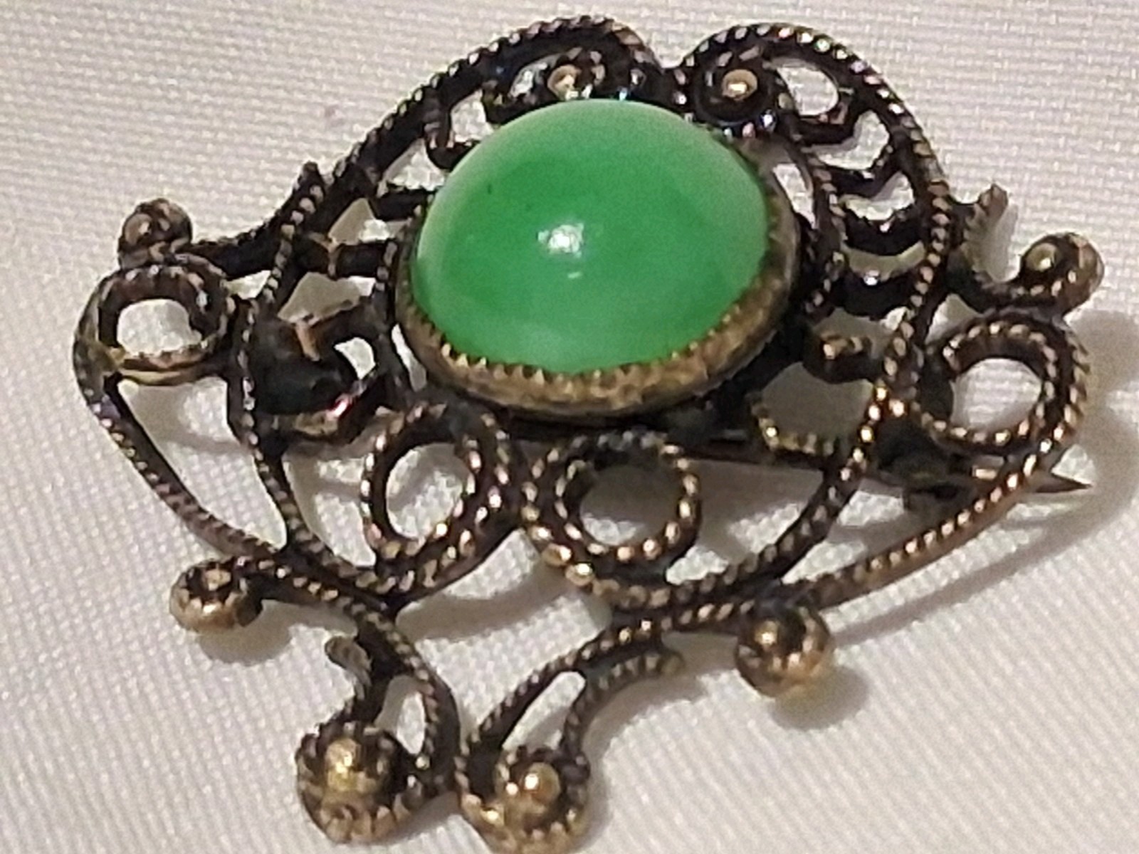 Antique Czech? Bronze Tone Filigree Green Glass Stone C Clasp Estate Sale Read