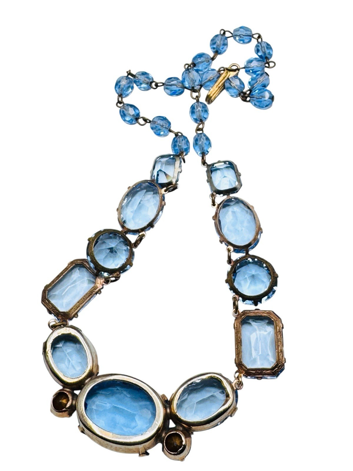Vintage Blue Glass Rhinestone Necklace Signed Frances Hirsch Beautiful 16″