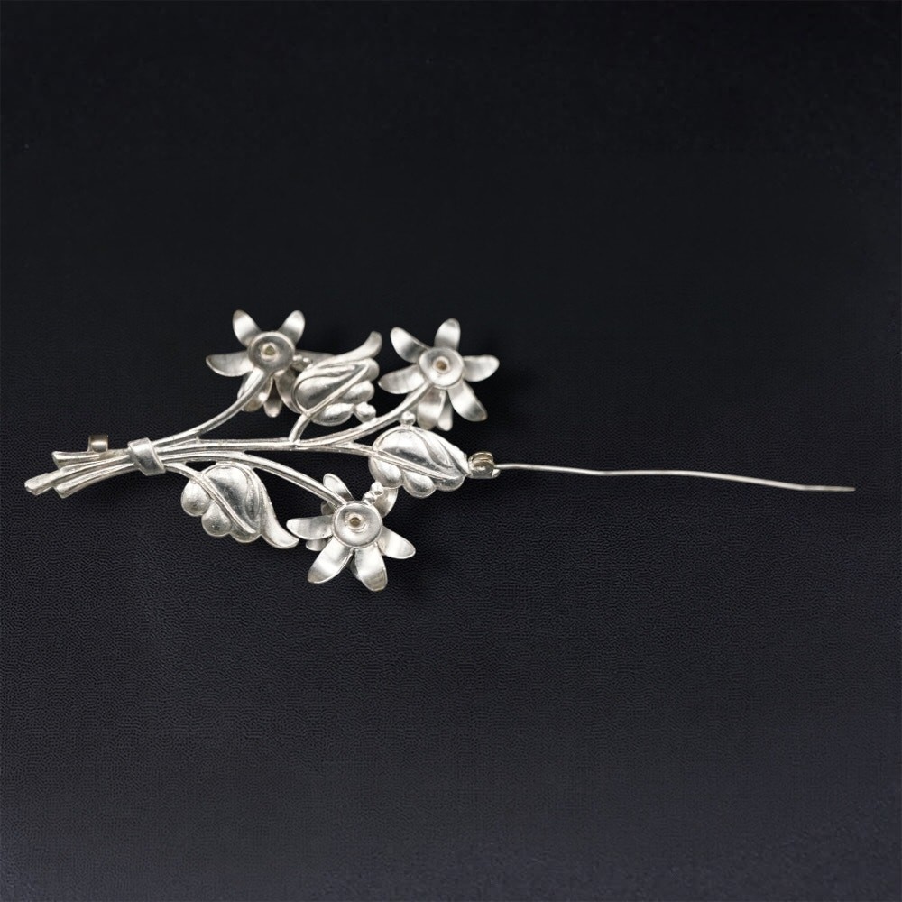 Vintage Floral Bouquet 3.5 in Brooch Blue Bead Silver Tone Statement Pin Retro