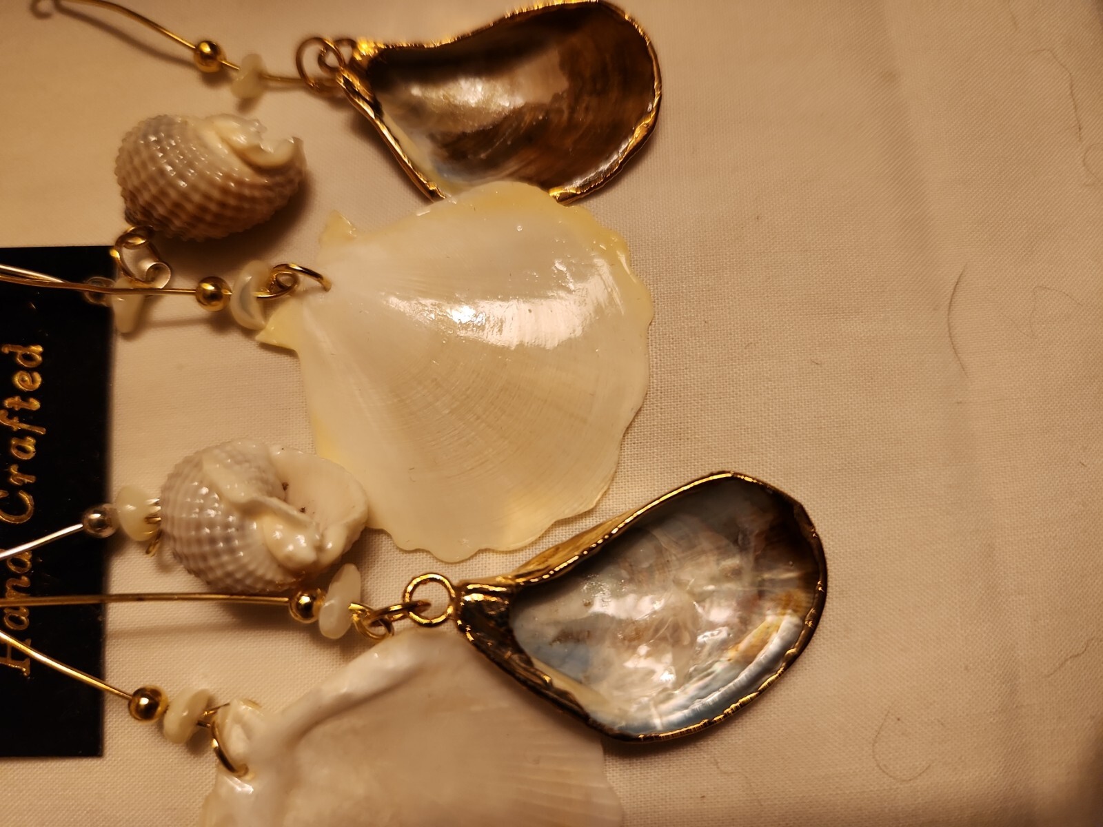 Vtg Sea shell gold trim foil natural estate Dangle Earrings 4″ Jewelry Lot of 2