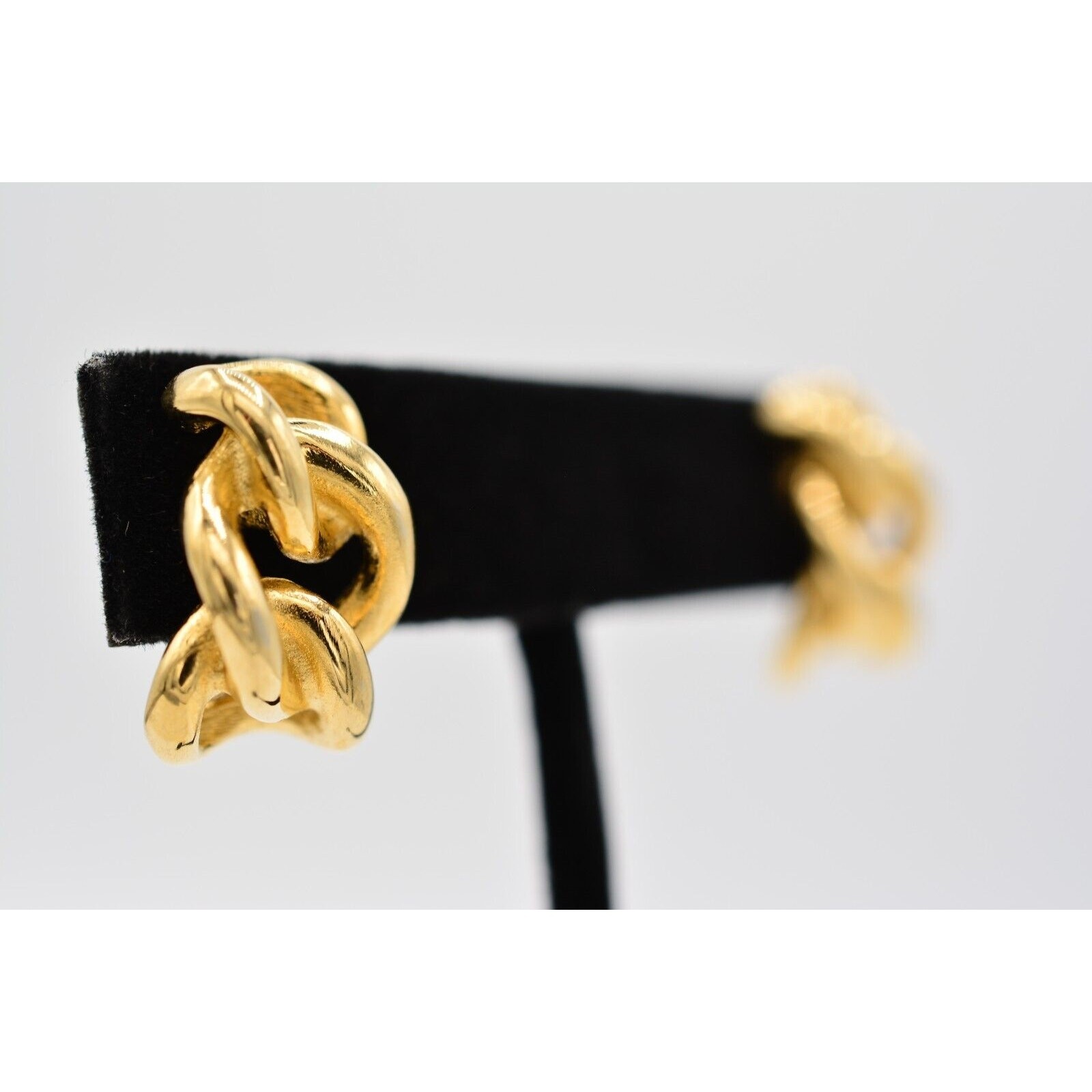 Vintage Pierced Drop Earrings Linked Chain Shiny Gold Tone Dangle 1980s BinAK