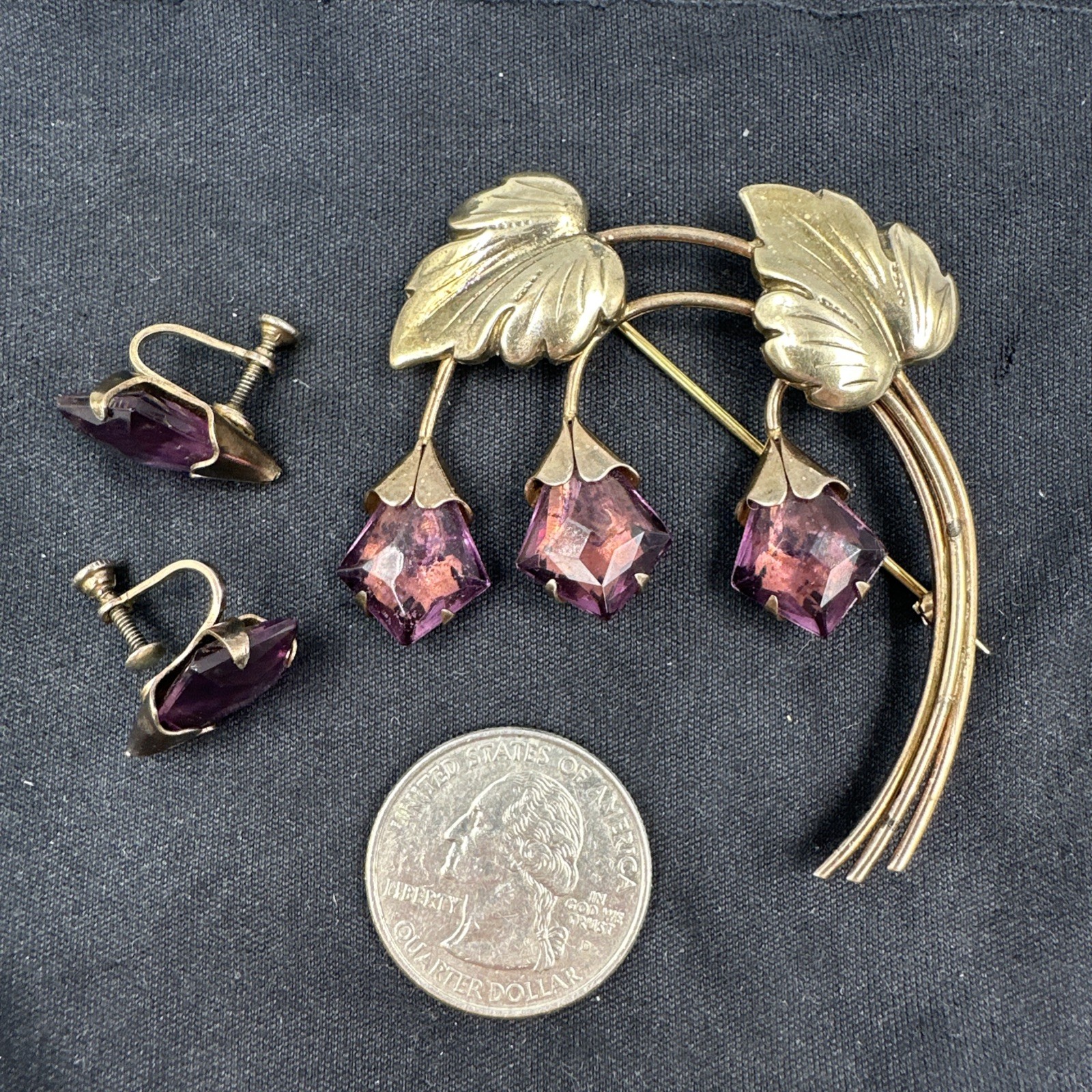 Vtg Sterling Silver Gold Vermeil Purple Rhinestone Flower Brooch & Earrings Set