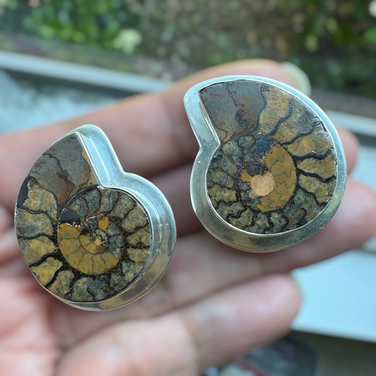 Vintage AKR Amy Kahn Russell Clip Earrings 1.5 Inch Ammonite 925 Sterling 27.2g