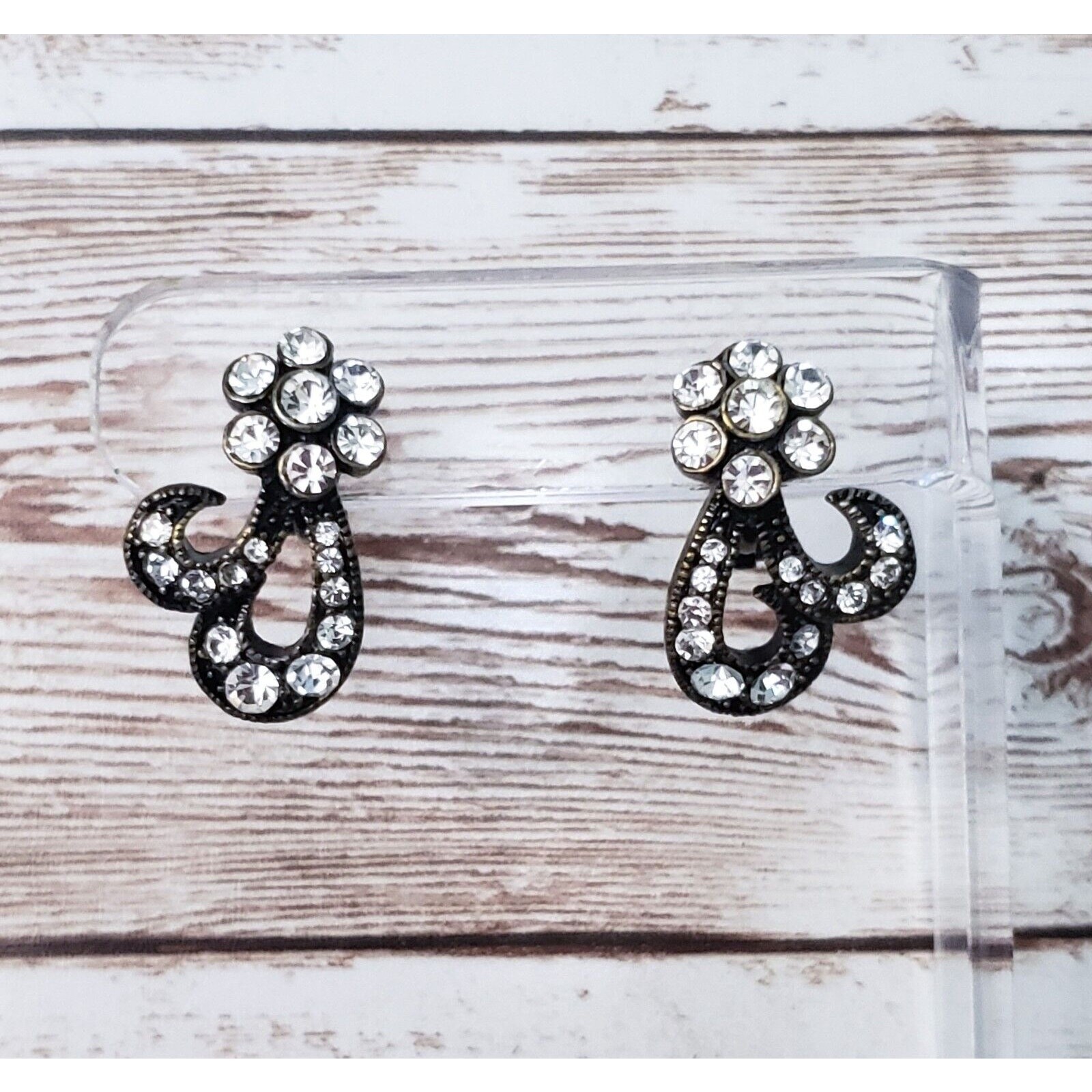Vintage Clip On Earrings Dark Metal & Clear Gem 1″