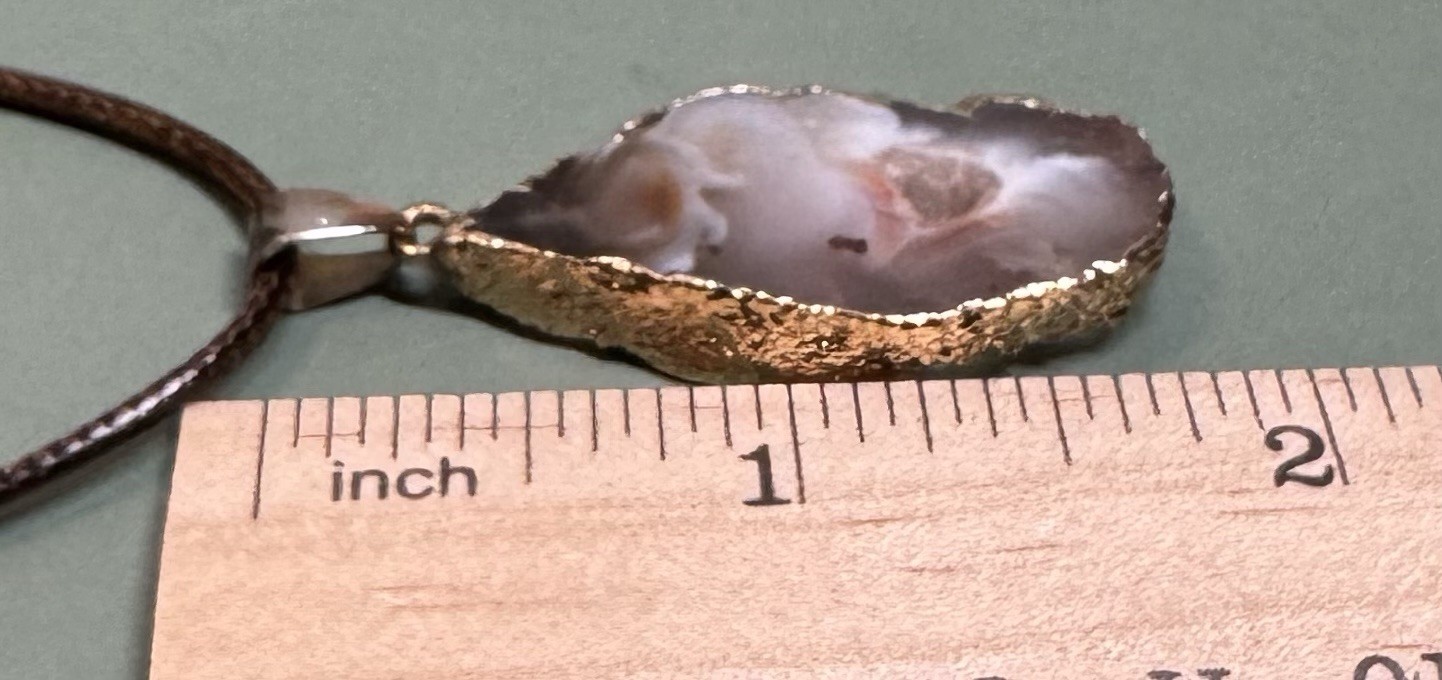 Vintage Gold Trimmed Druzy Agate Geode Oval Pendant On Cord Necklace