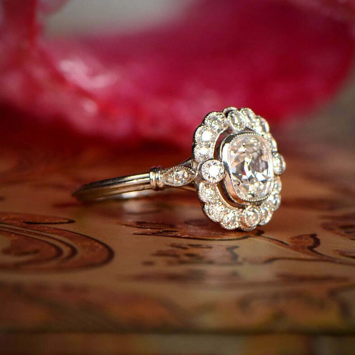 Halo Antique 1.30 CT White Cushion Cut CZ Art Deco Engagement Ring in 925 Silver