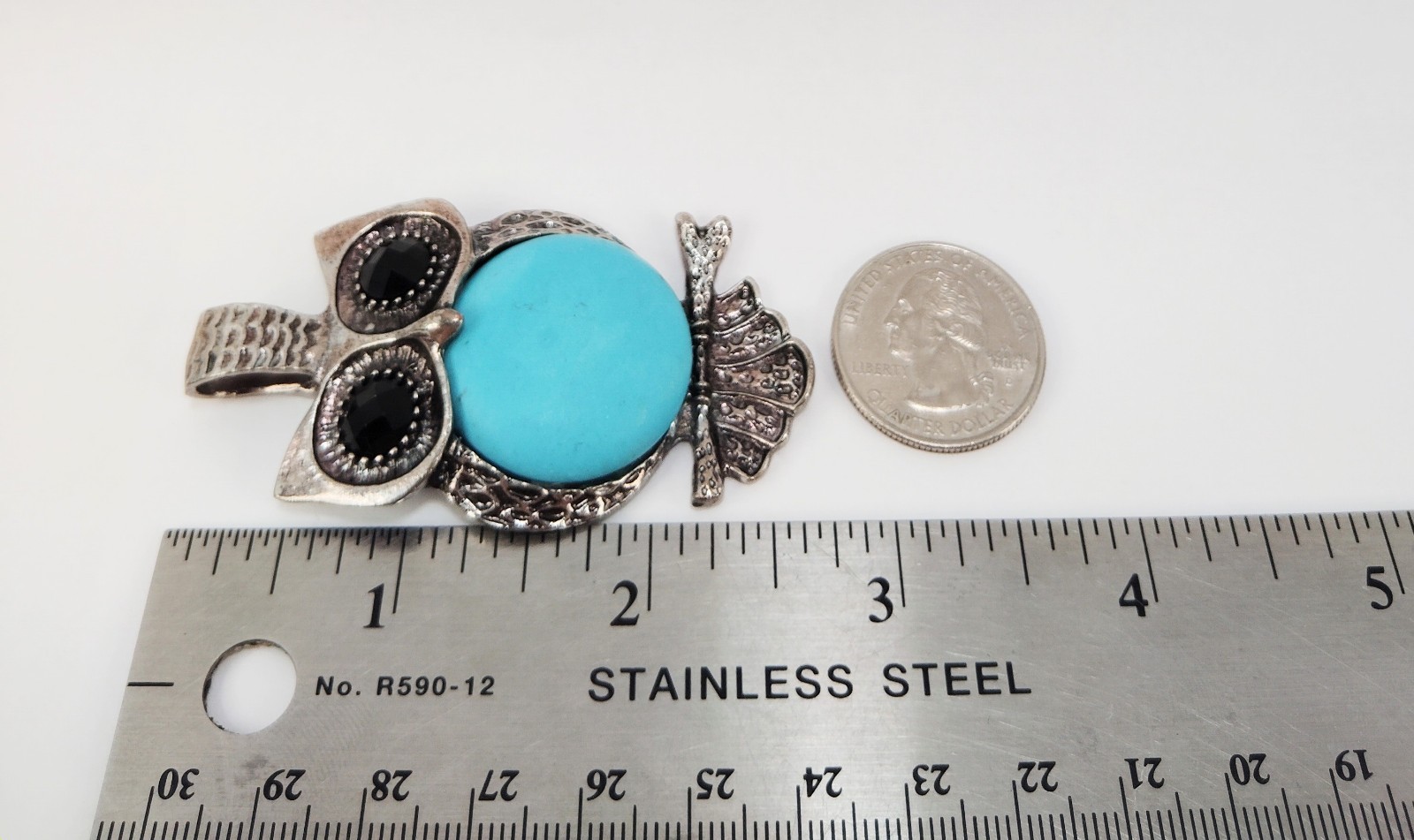 Lovely Vtg Genuine Natural Turquoise Gemstone Rhinestne Owl Design Silvr Pendant