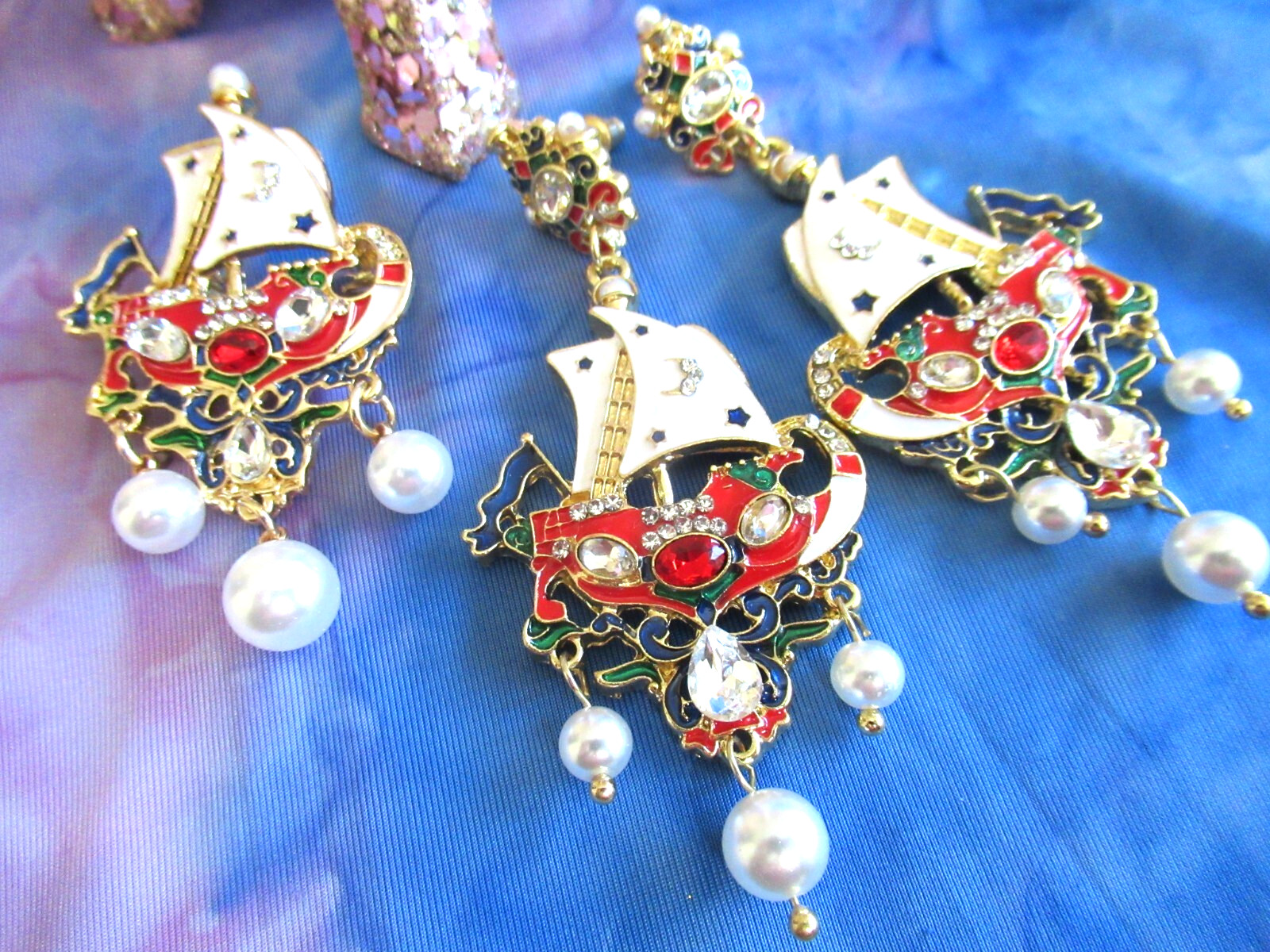 Art Nouveau Earrings Sailboat Ship Boat Pearl Earring & Brooch Crystal Pearl Set