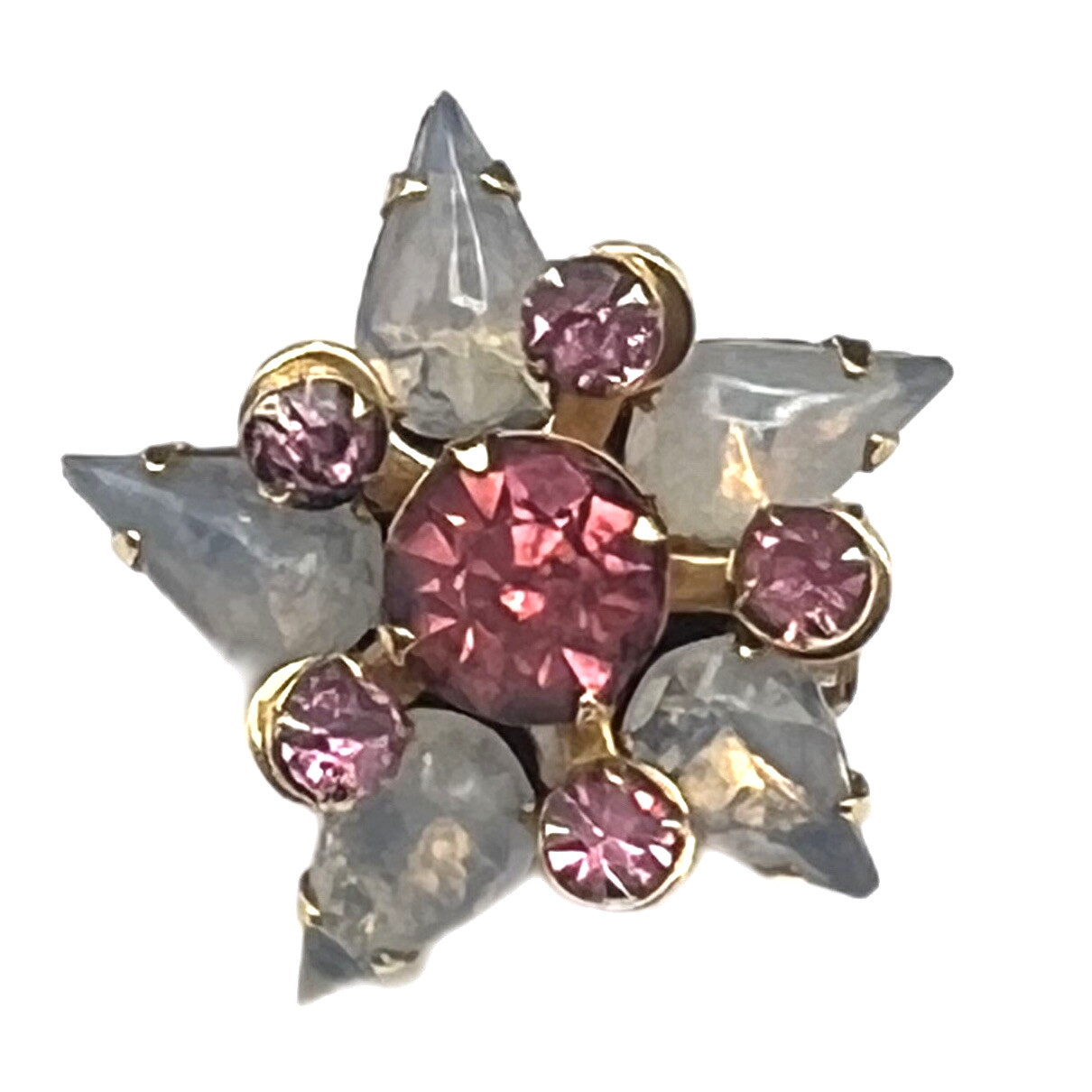 Vintage Pink Rhinestone & Blue Gray Glass Mini Brooch Gold Tone Pin 7/8″