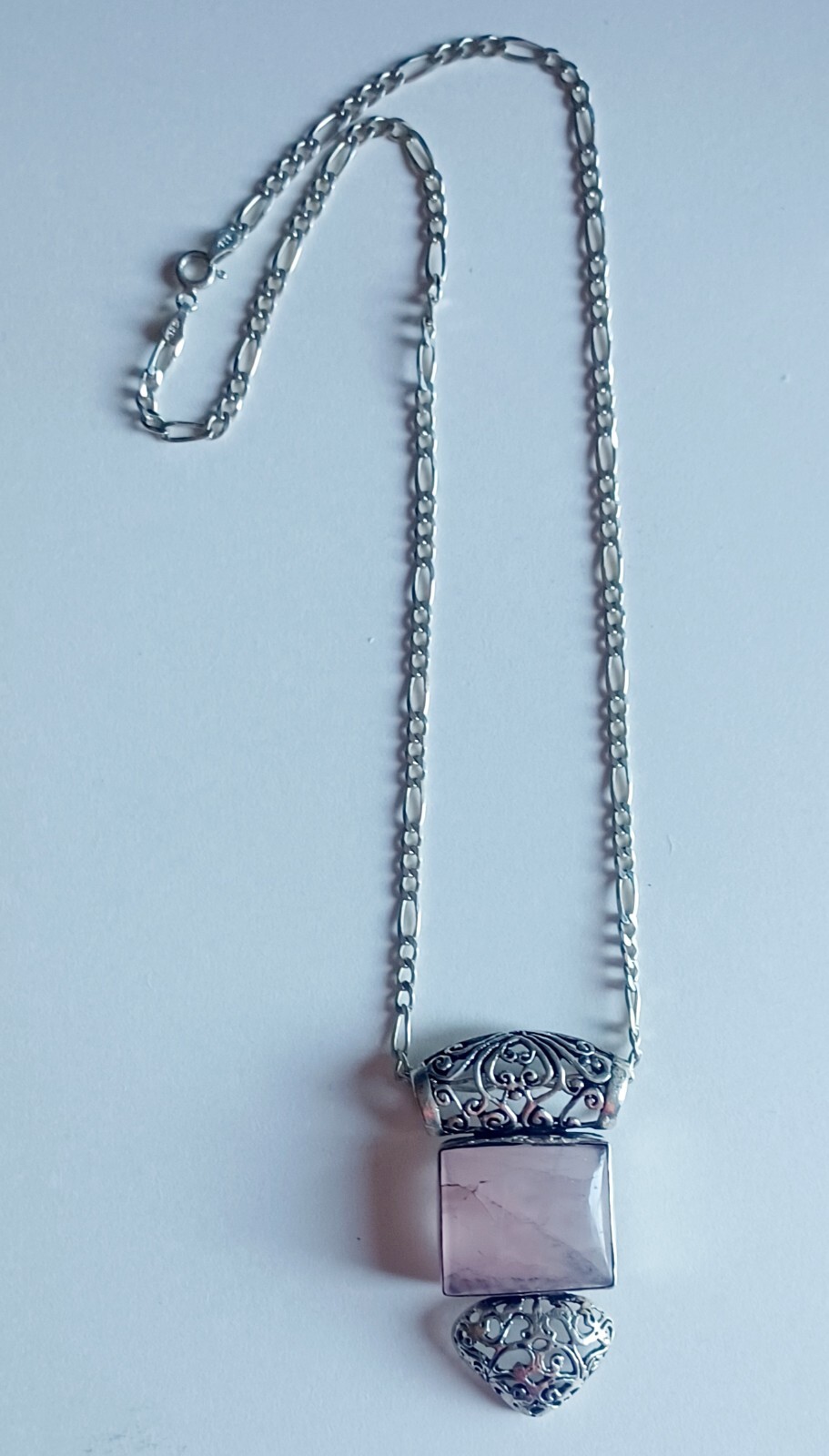 Rose Pink Natural Jadeite & Silver 925 Scrollwork Pendant Necklace