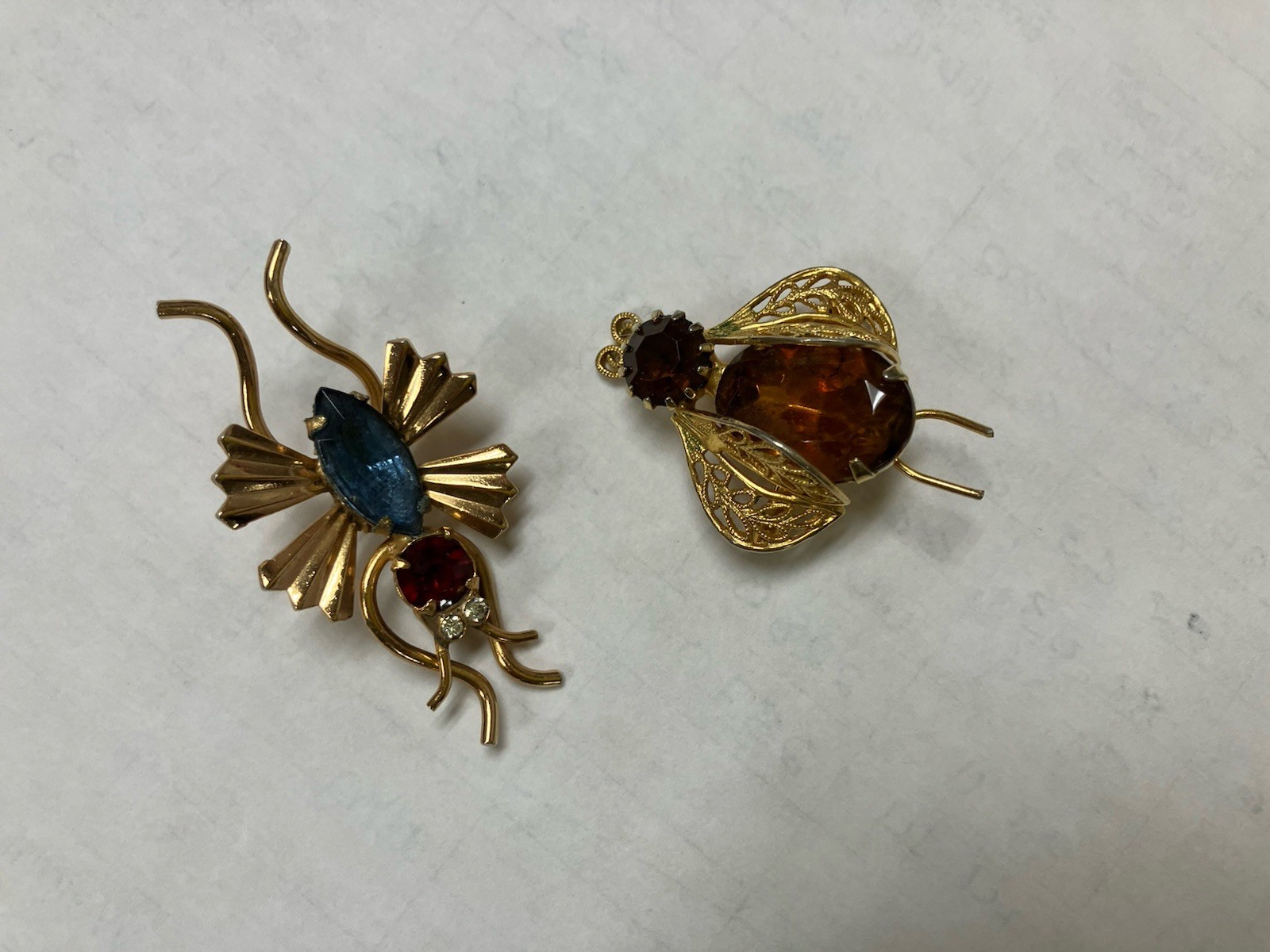 Lot 2 Vtg Insect Bug Brooches Coro Blue Belly Unsigned Topaz Rhinestone Goldtone