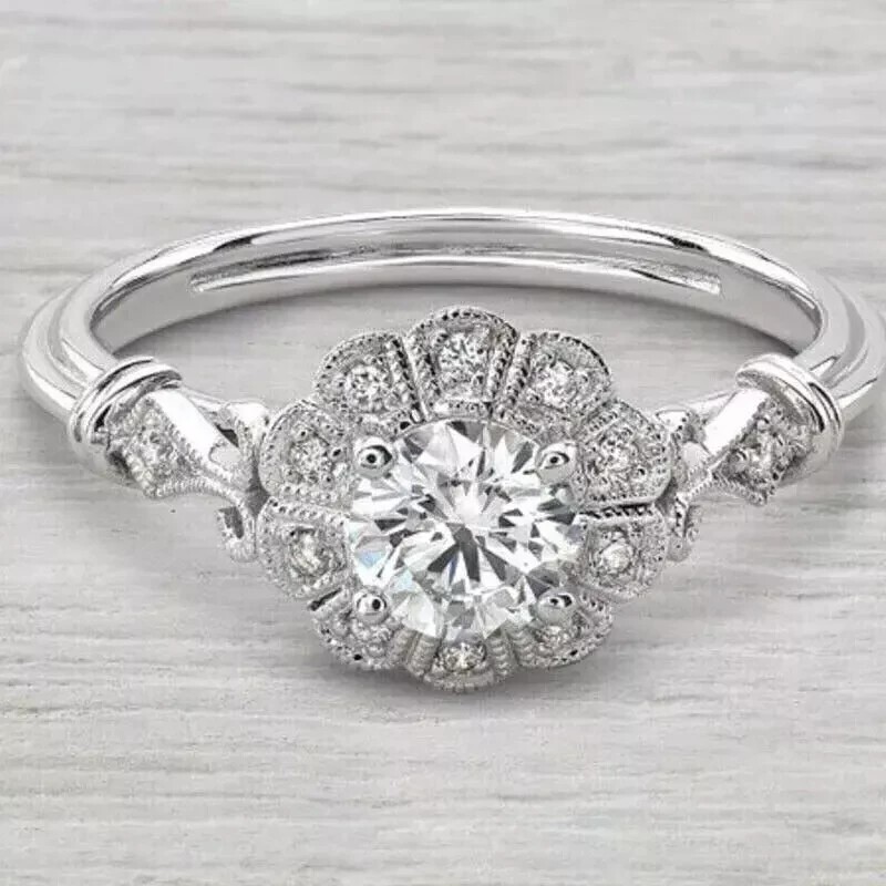 Art Deco Vintage 1.2Ct Lab Created Diamond 14K White Gold FN Wedding Ring