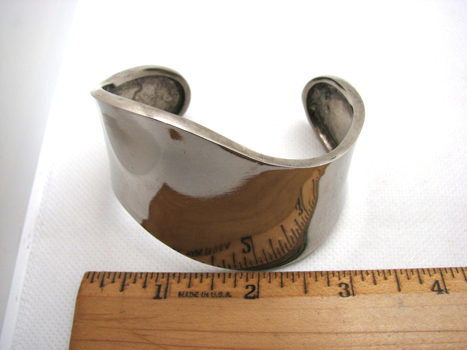 Vintage Hand Forged Polished Silver Tone Wave Cuff Bracelet Large