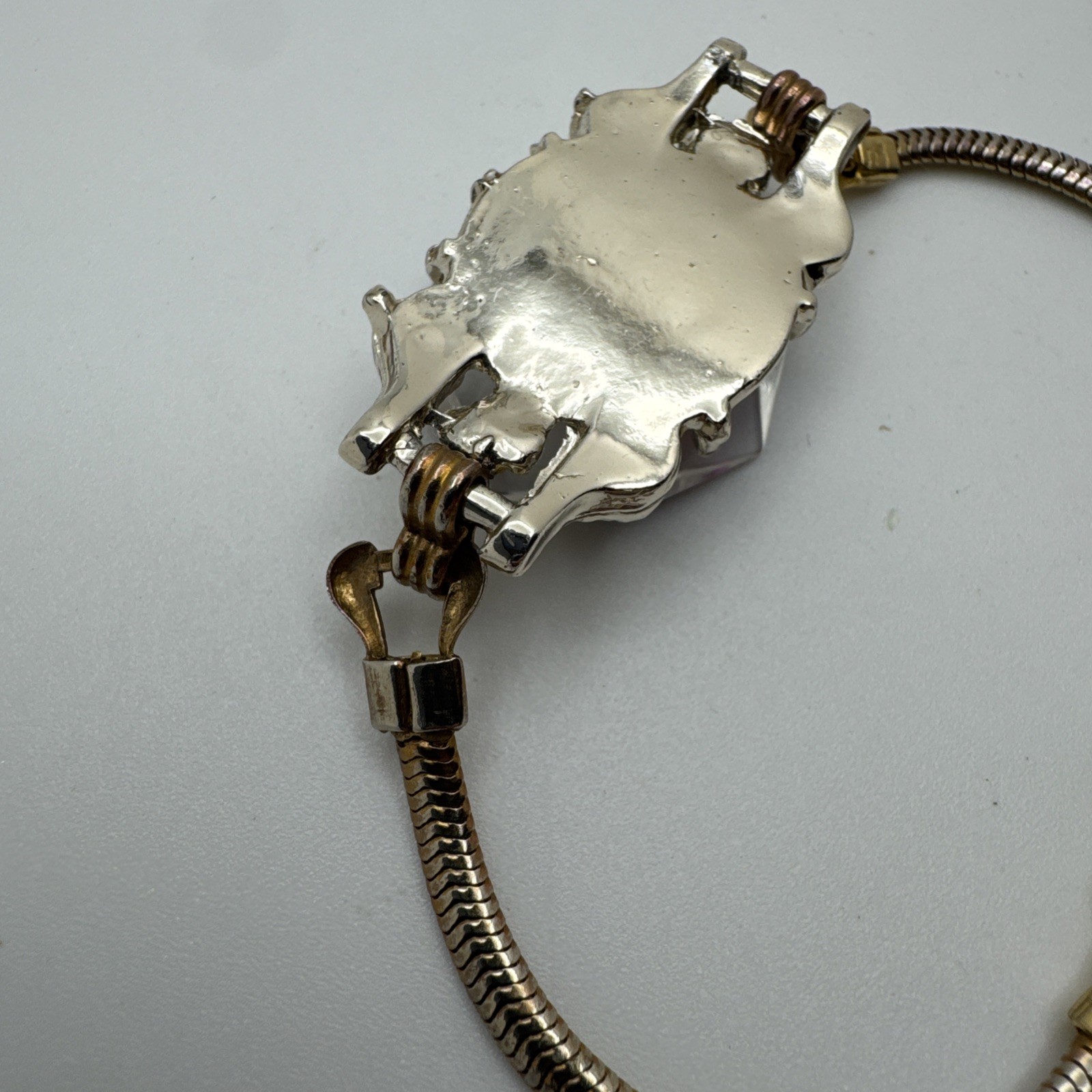 VTG Orchid White Purple Flower Snake Chain Two Tone Bracelet Clear Gem Woman