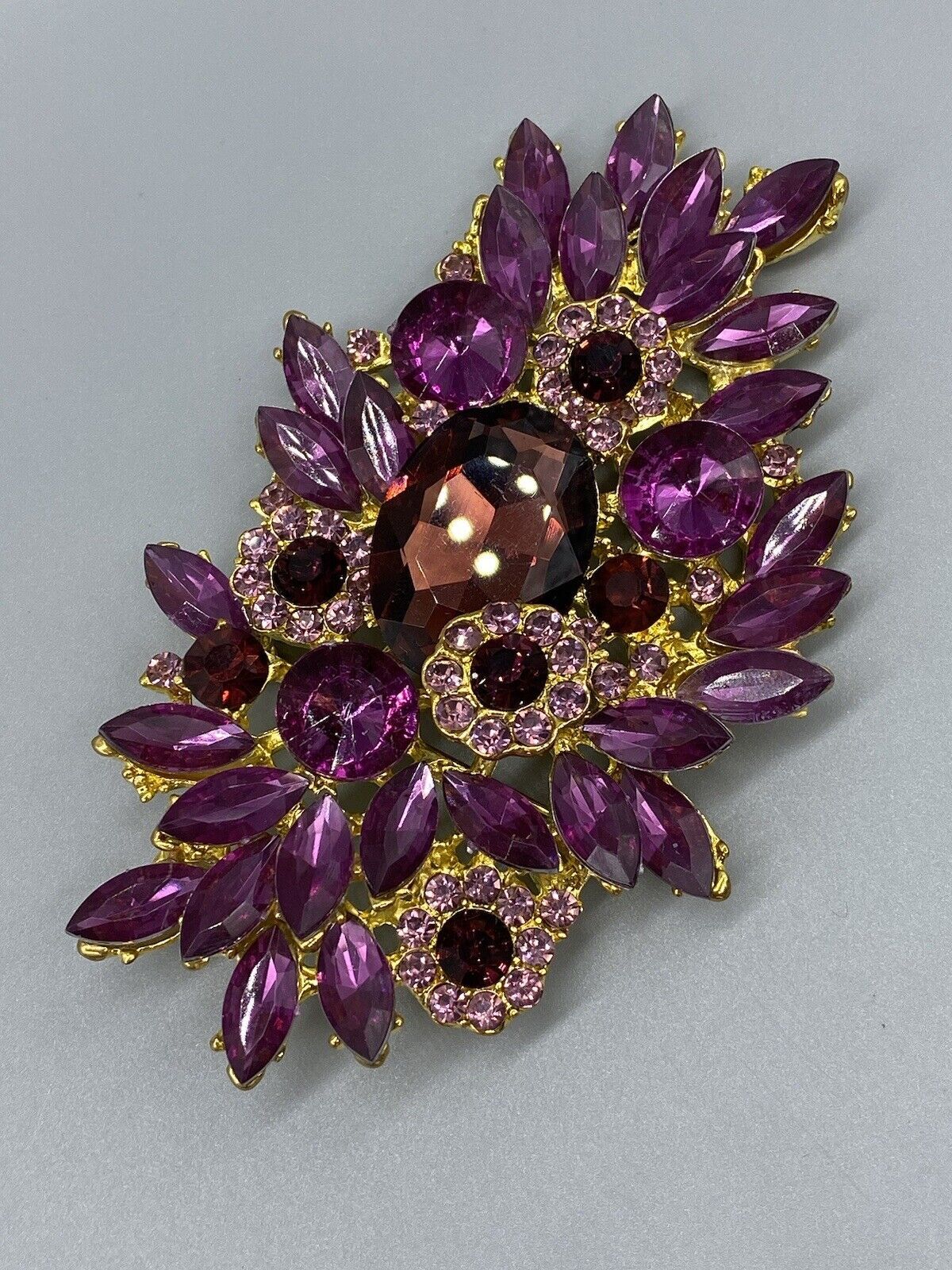 Gold Tone Purple Pink Fuchsia Red Big Rhinestone Large Flower Floral Pin Brooch