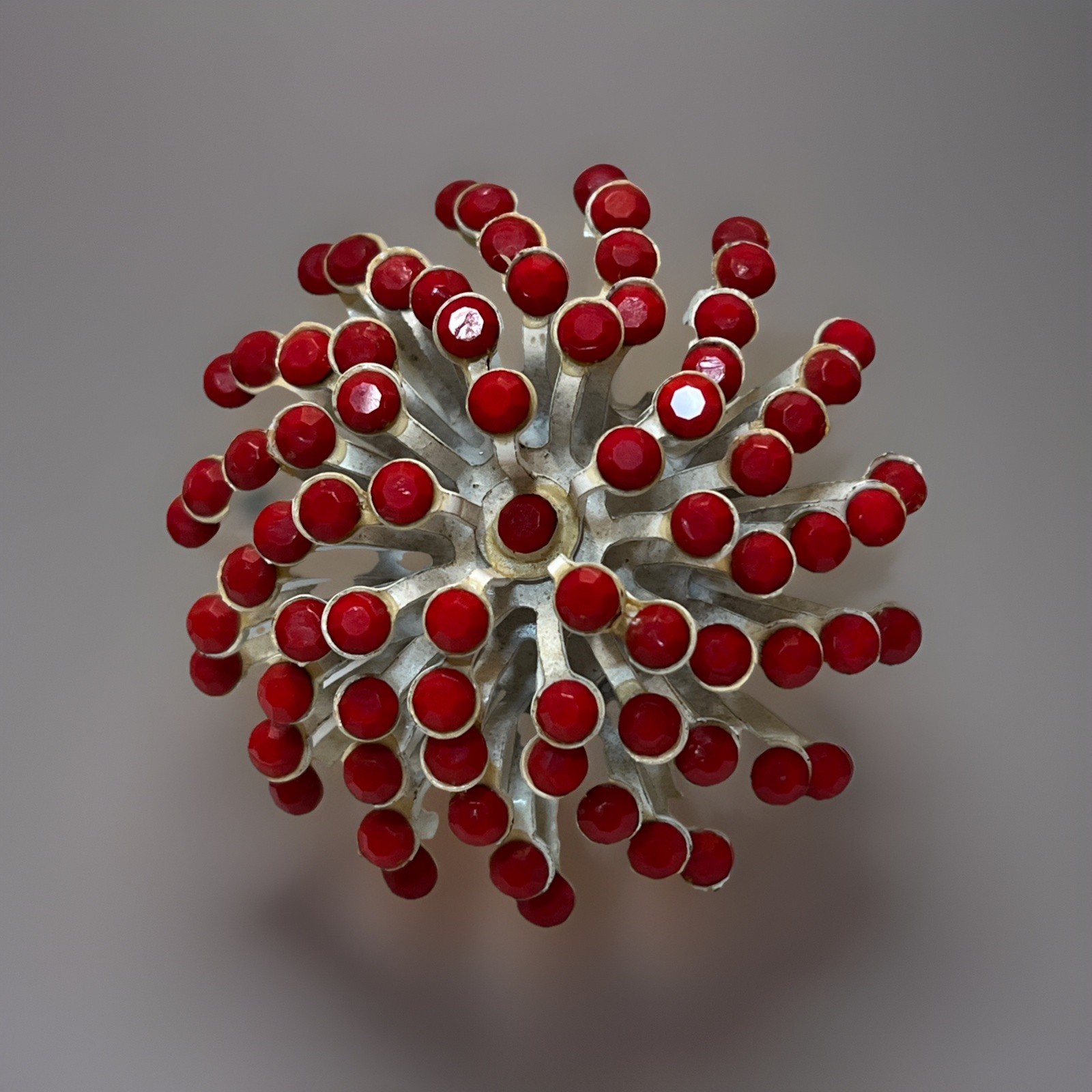 Vintage 3D Pinwheel Swirl Brooch Layered Pin Enameled White Metal With Red Beads