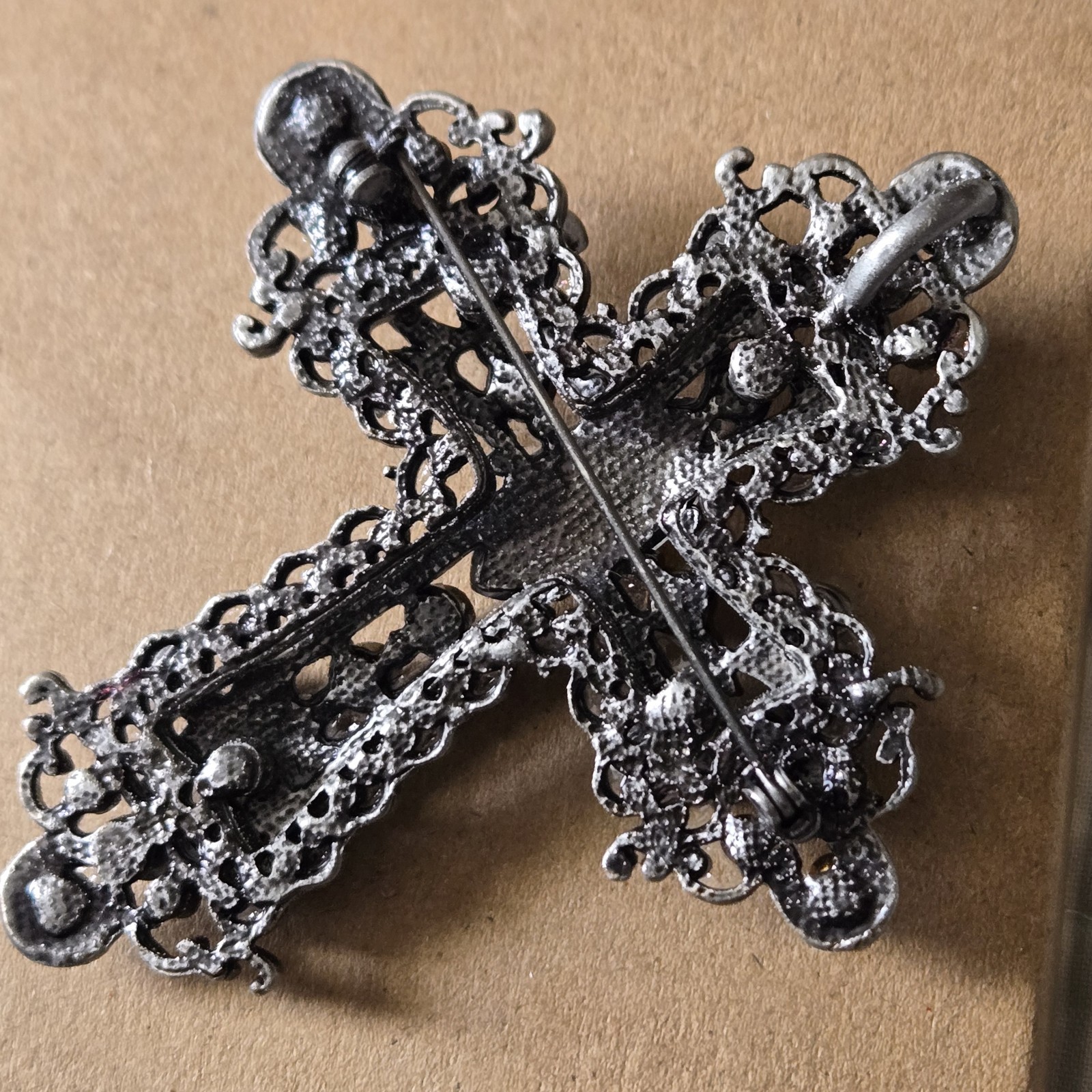 Gothic Cross Brooch Pin Amber Rhinestones Black Silver Tone Filigree 3″