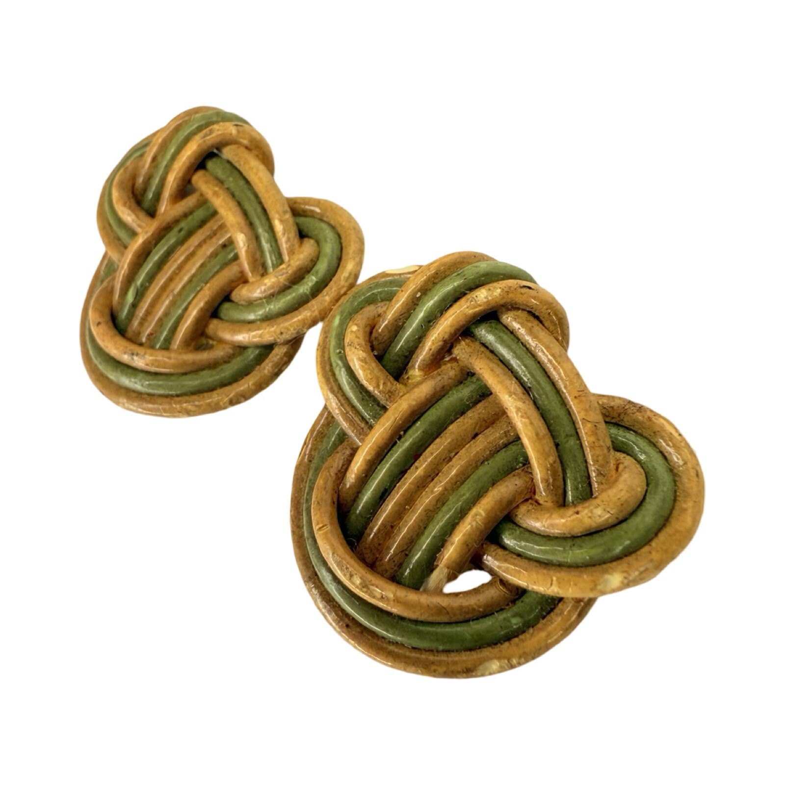Green And Tan Wicker Knot Screw Back Earring Retro Boho Chic