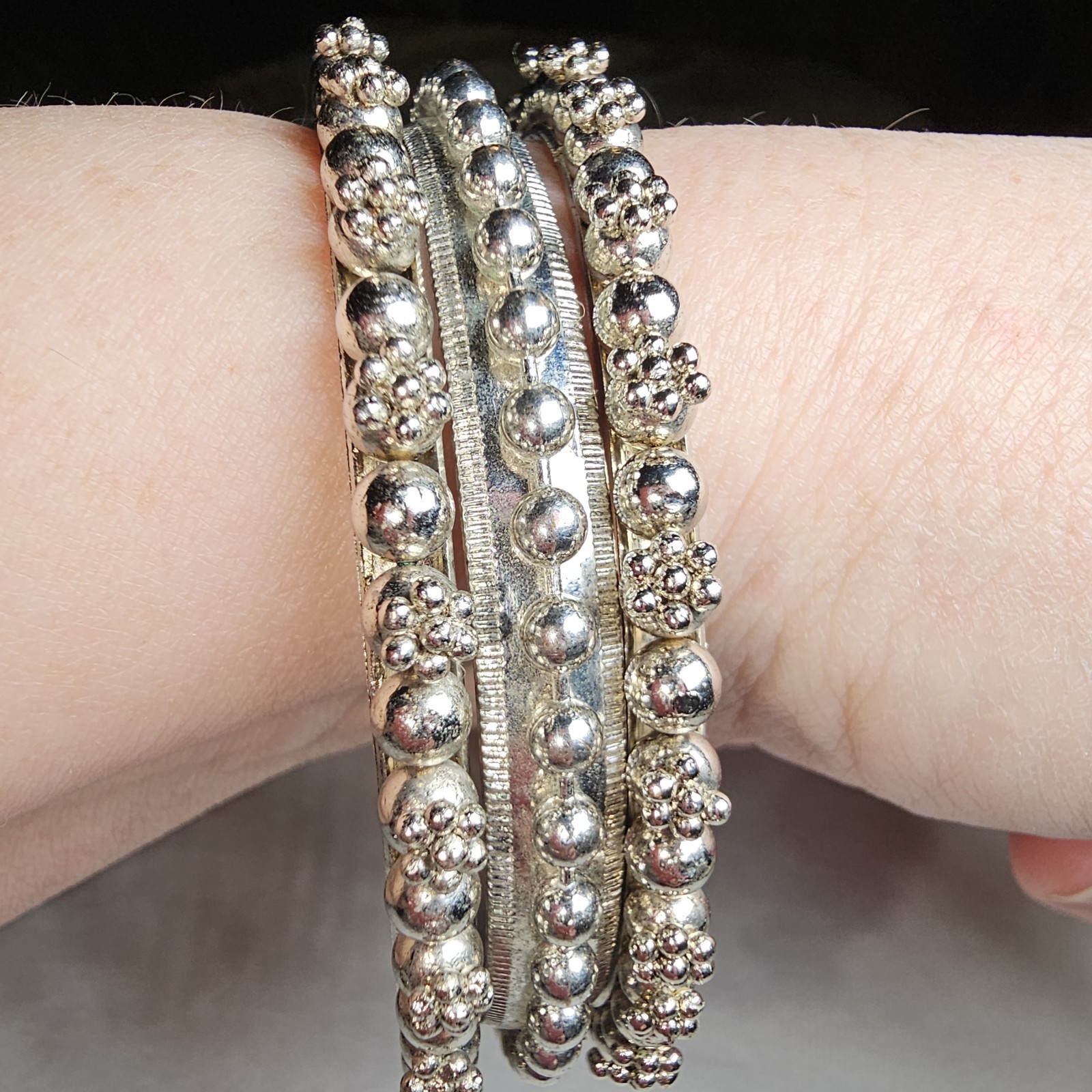 SET OF 3 Vintage Rajasthani Style BANGLE BRACELET Beaded Tribal Silvertone 8.25″