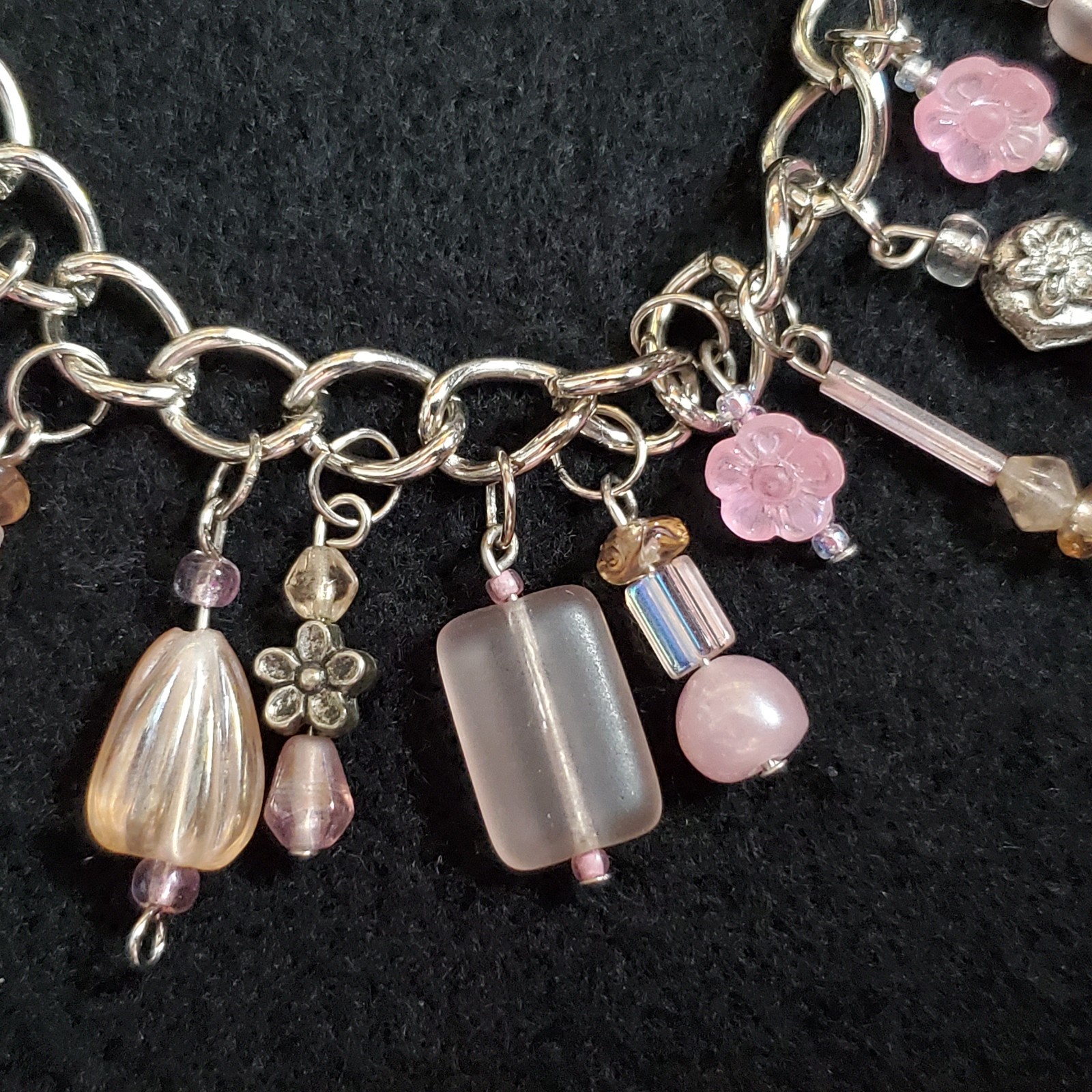 Charm Bracelet Silver Tone Pink Dangle Beads 6.5″