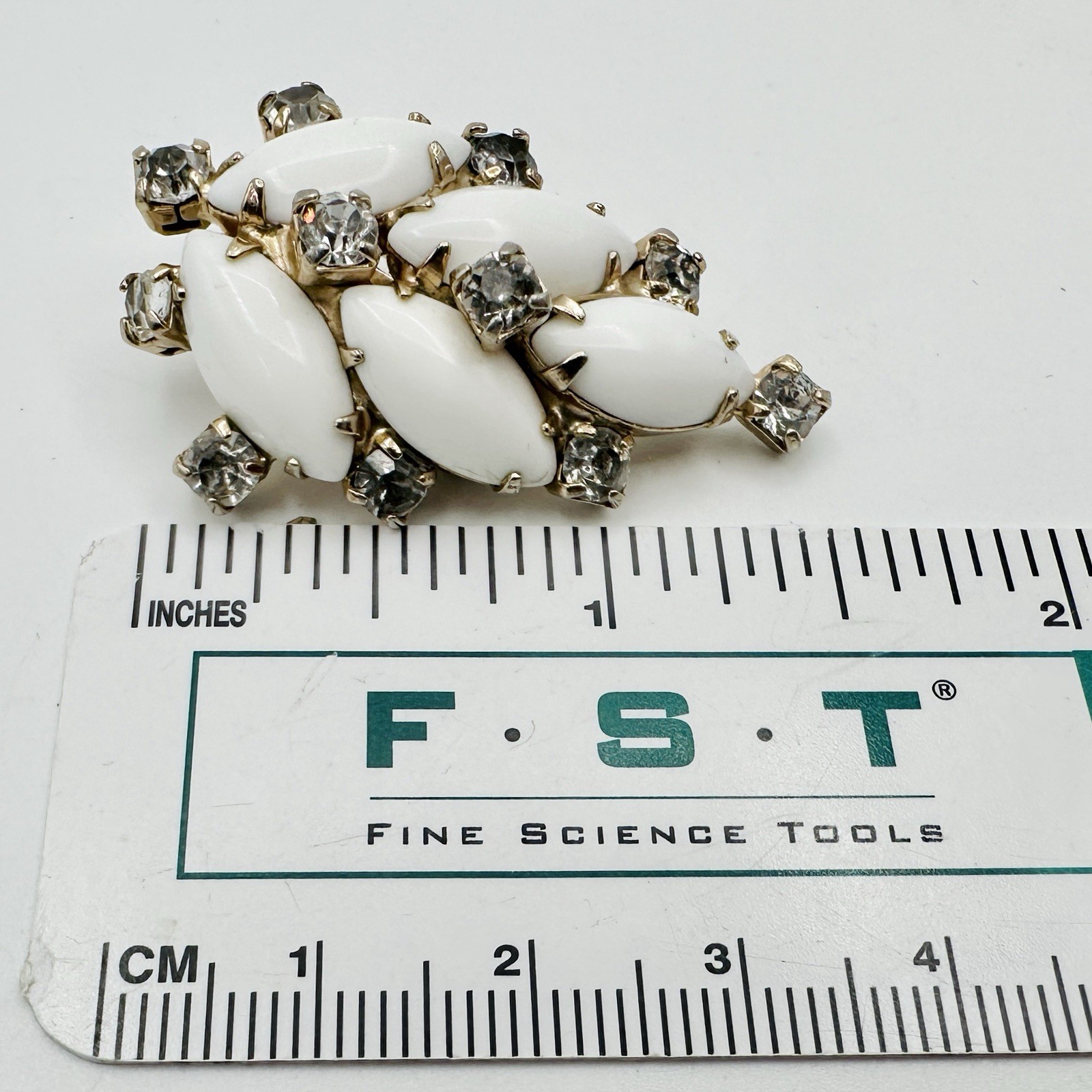 Vintage White Milk Glass Navette Rhinestones Fanned Leaf Clip Earrings Gold Tone
