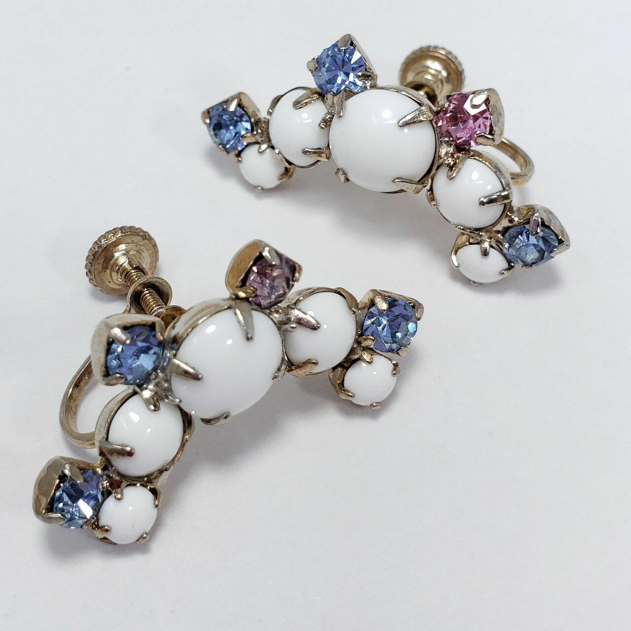 Crescent Blue and Purple Crystals, Resin Cabochon Prong Set Earrings, Light Gold