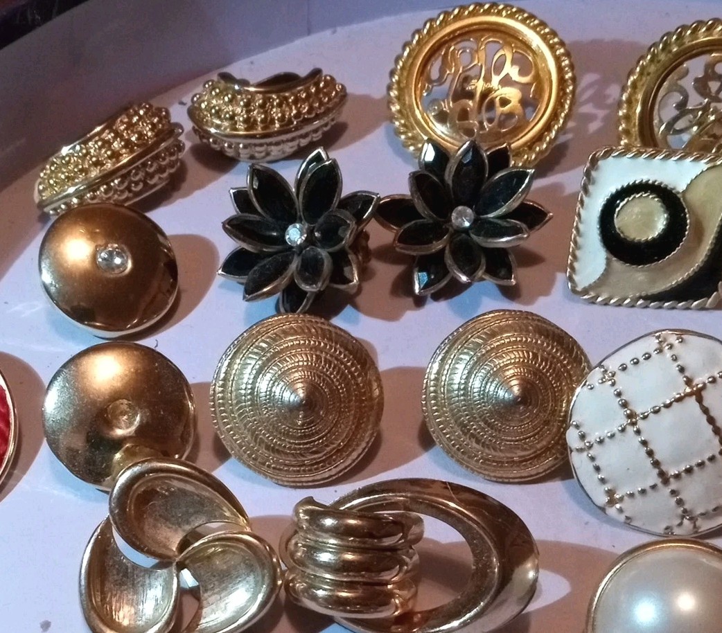 Vintage Big Chunky Gold Tone Statement Earrings Lot Clip On Enamel Rhinestone EC