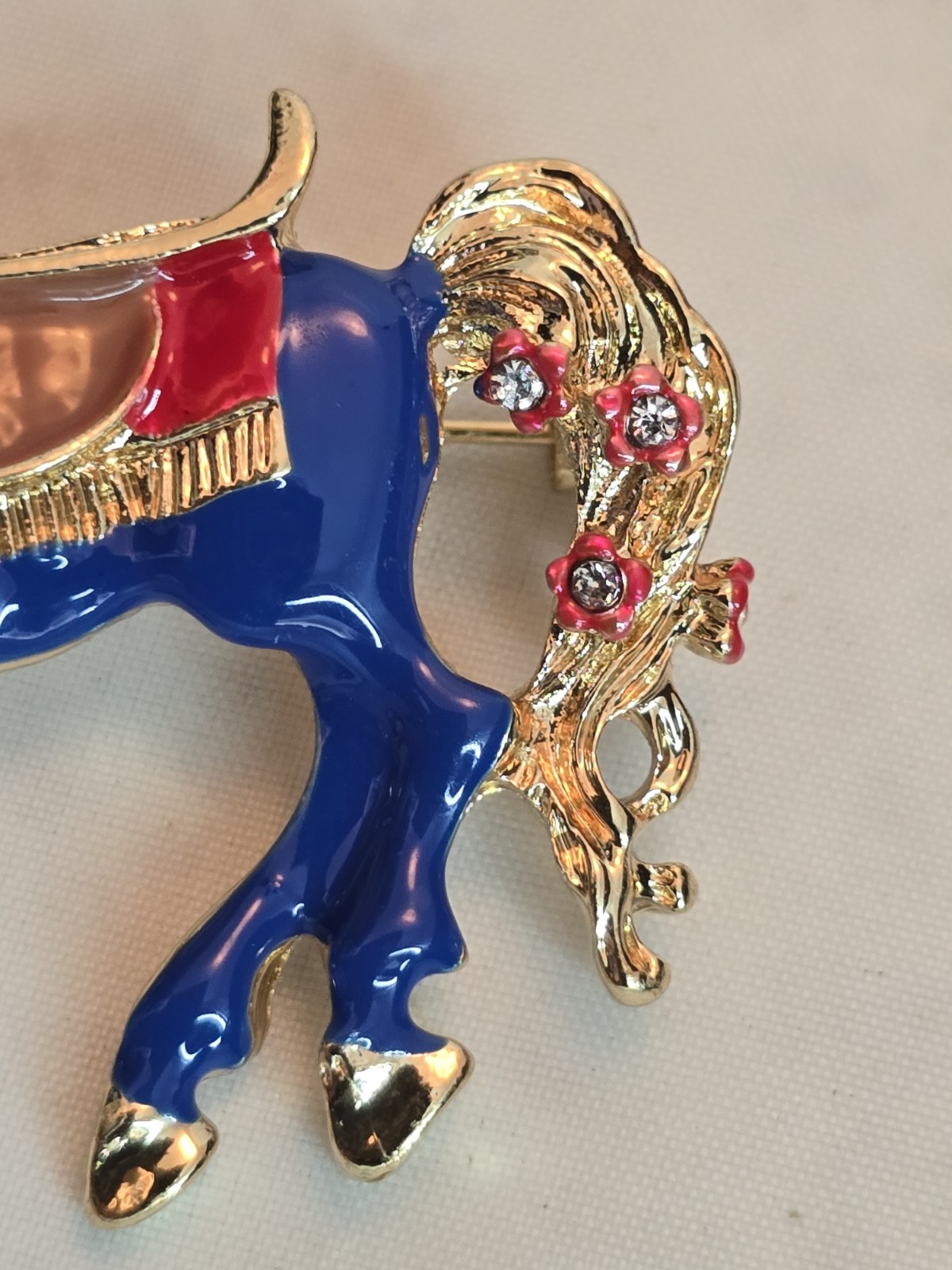 Blue Unicorn Brooch Enamel Gold Tone Rhinestone Tail Whimsical Fantasy Pin #935