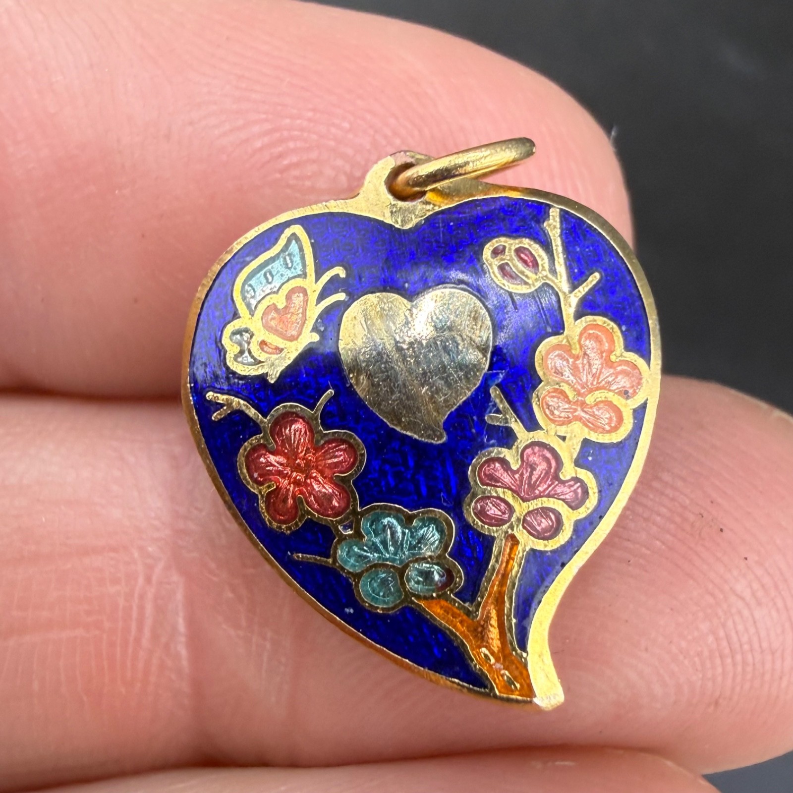 Vintage Cloisonne Pendant Heart Puff Enamel Gold Tone