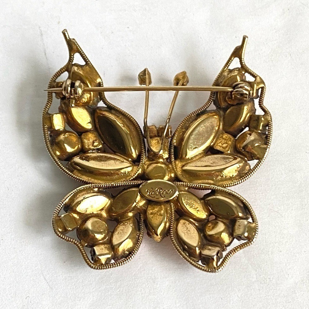 Vintage La Roco Butterfly Brooch Orange Green Rhinestone Pin Retro Estate Piece