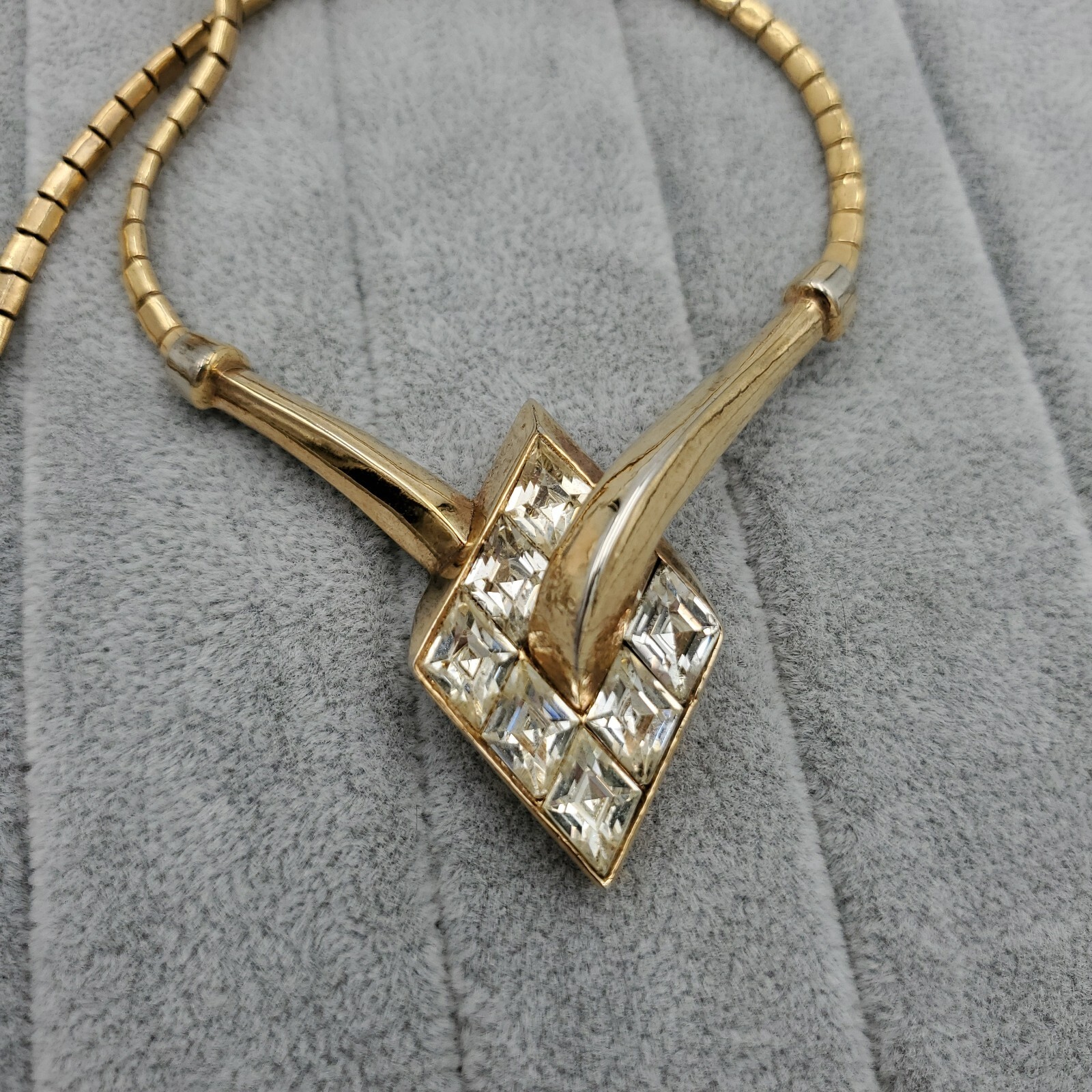 Trifari Alfred Philippe Gold Necklace Clear Rhinestone Lozenge Choker Channel