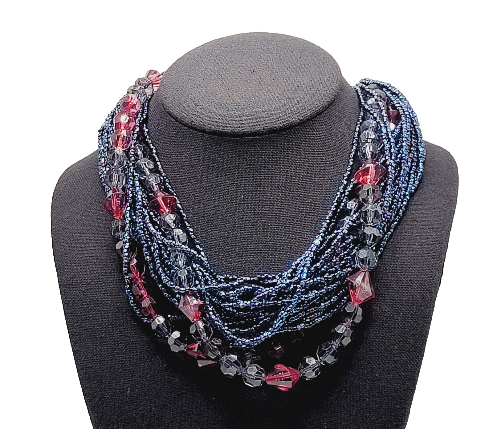 Purple and Deep Blue Iridescent Twist Multi Strand Glass Beaded Vintage Necklace