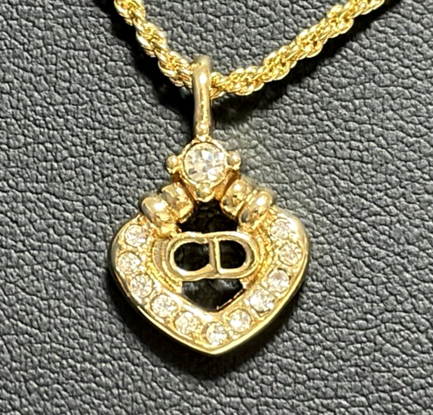 Christian Dior necklace pendant rhinestone gold plated diamond shape