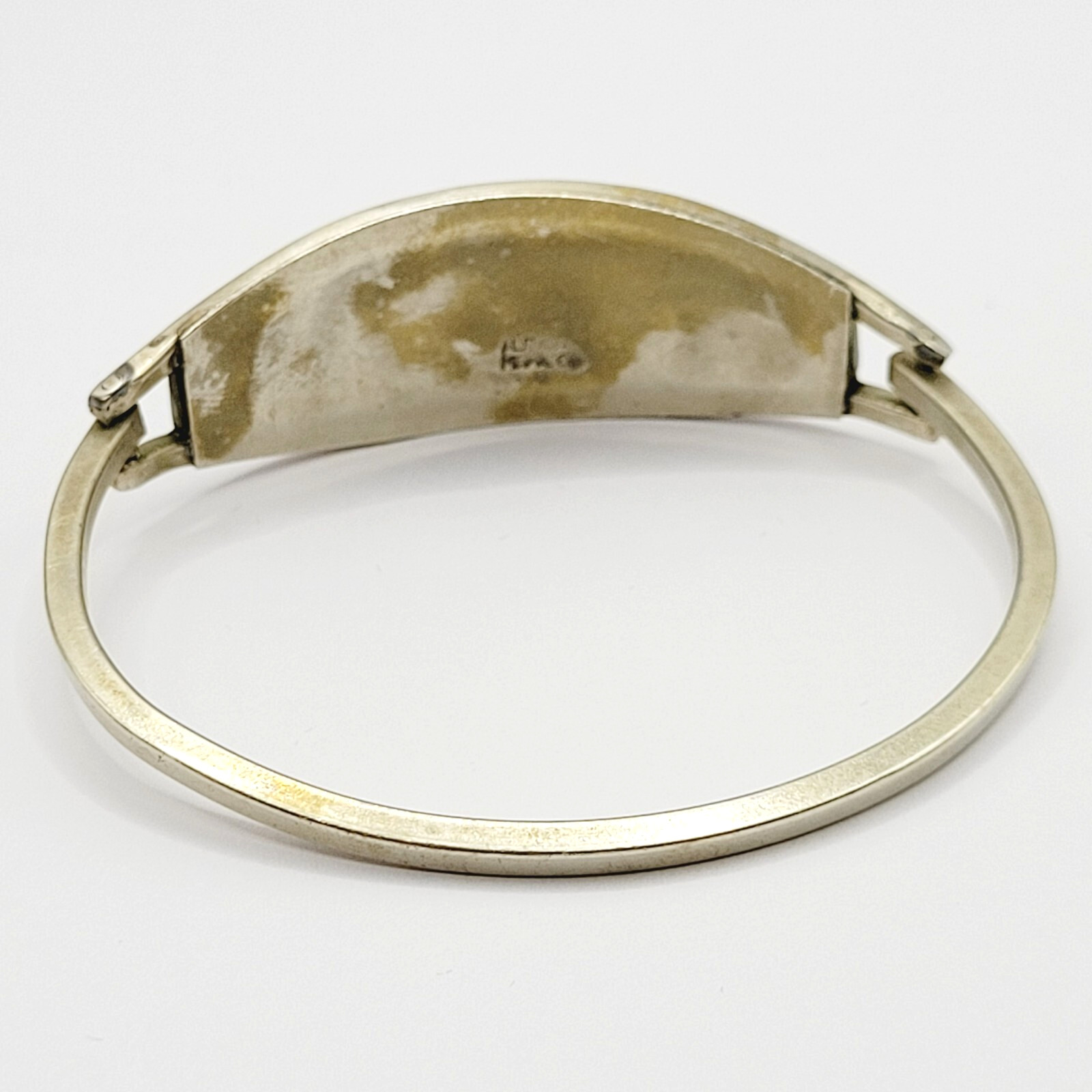 Inlaid MOP Abalone Shell Alpaca Mexico Silver Tone Vintage 1980s Hinged Bracelet
