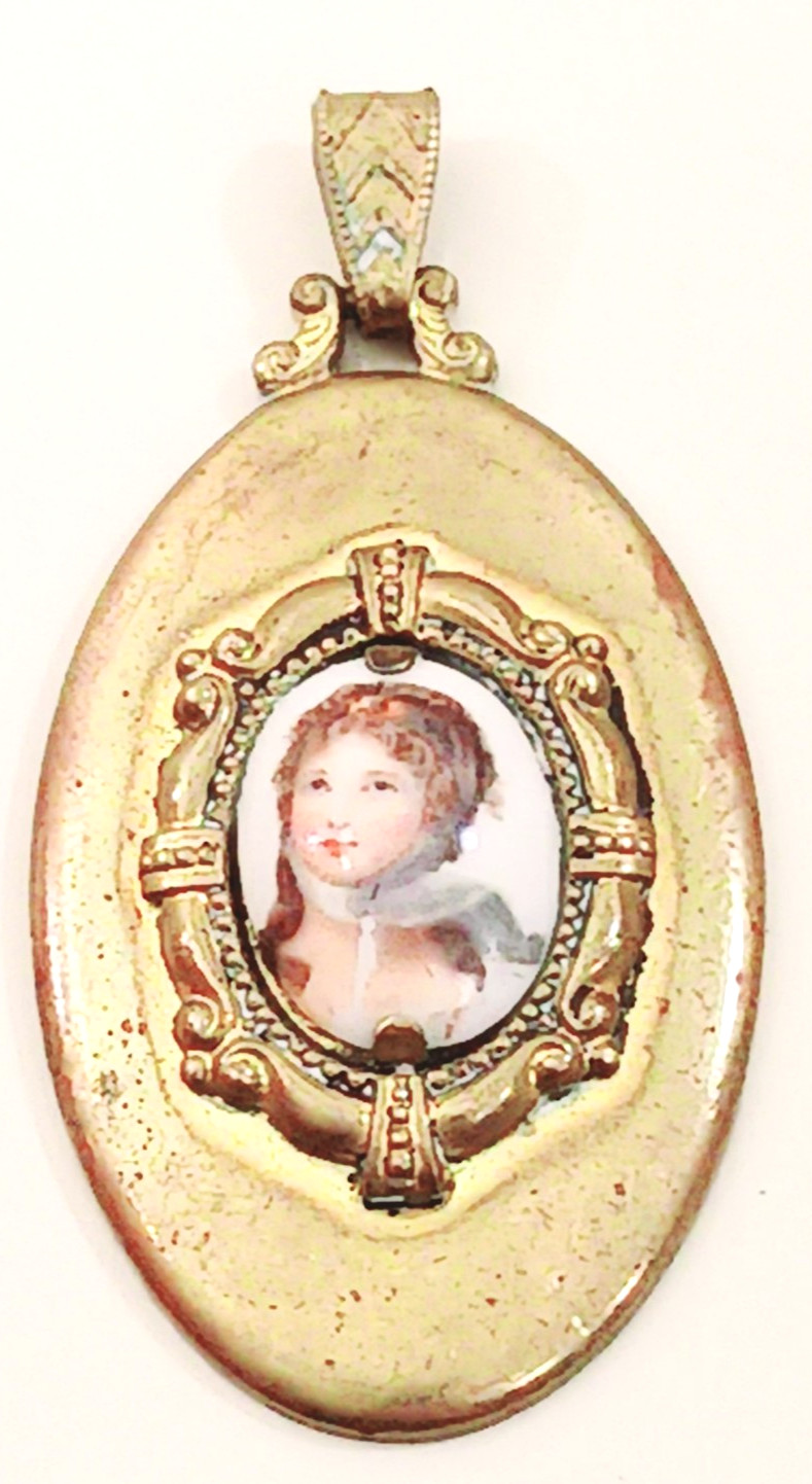 Antique Victorian Portrait Pendant Oval Gold Tone Jewelry Child Fine Art Estate