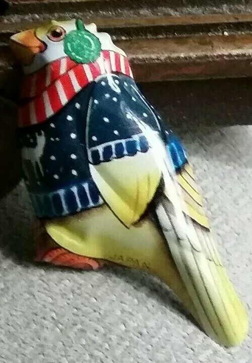 Vintage NOS HUMOROUS BIRD W EARMUFFS SCARF WOOL SWEATER METAL PIN, MADE IN JAPAN