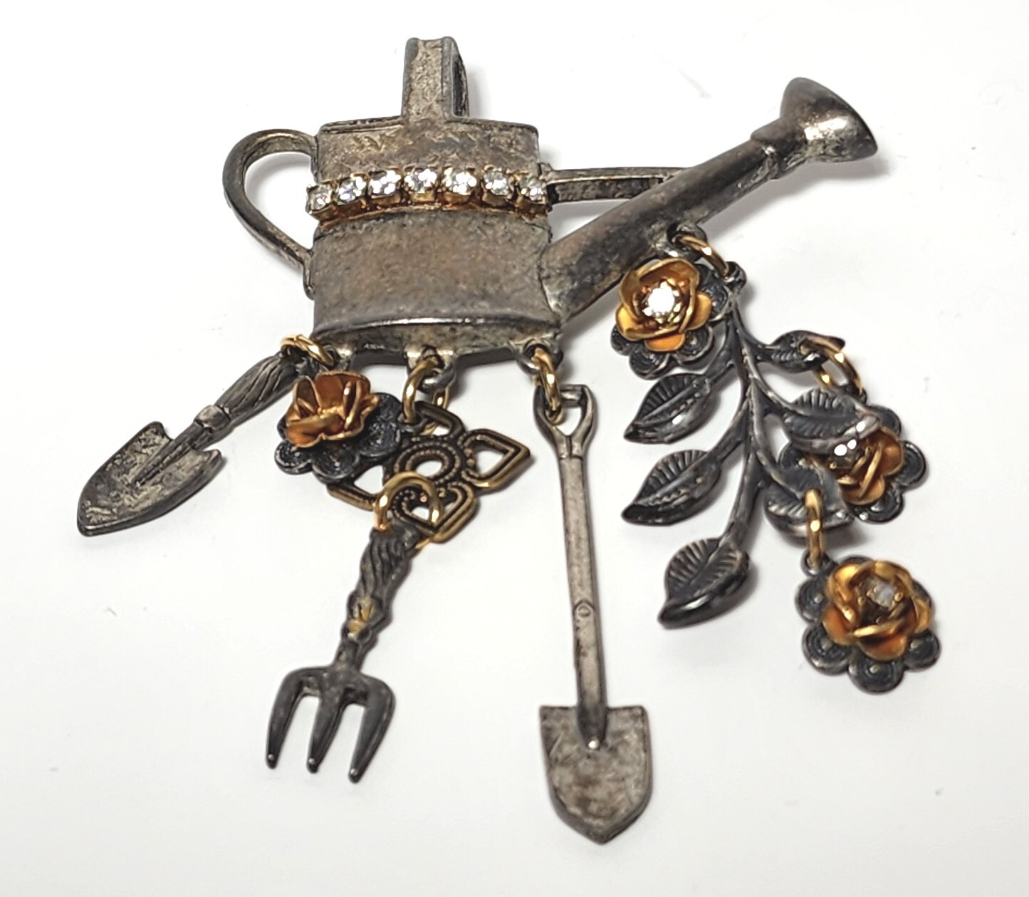 Vintage Jewelry Pewter Metal Garden Brooch Pin w Rhinestones & Gold Flowers