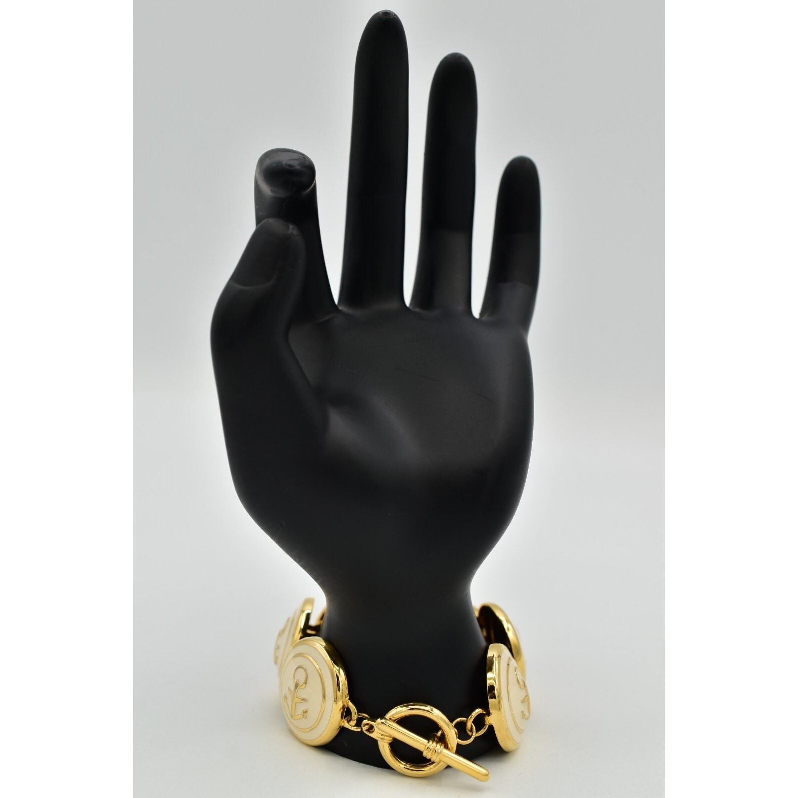 Vintage Anchor Linked Bracelet Chunky Off White Nautical Gold Tone 1990s BinAW
