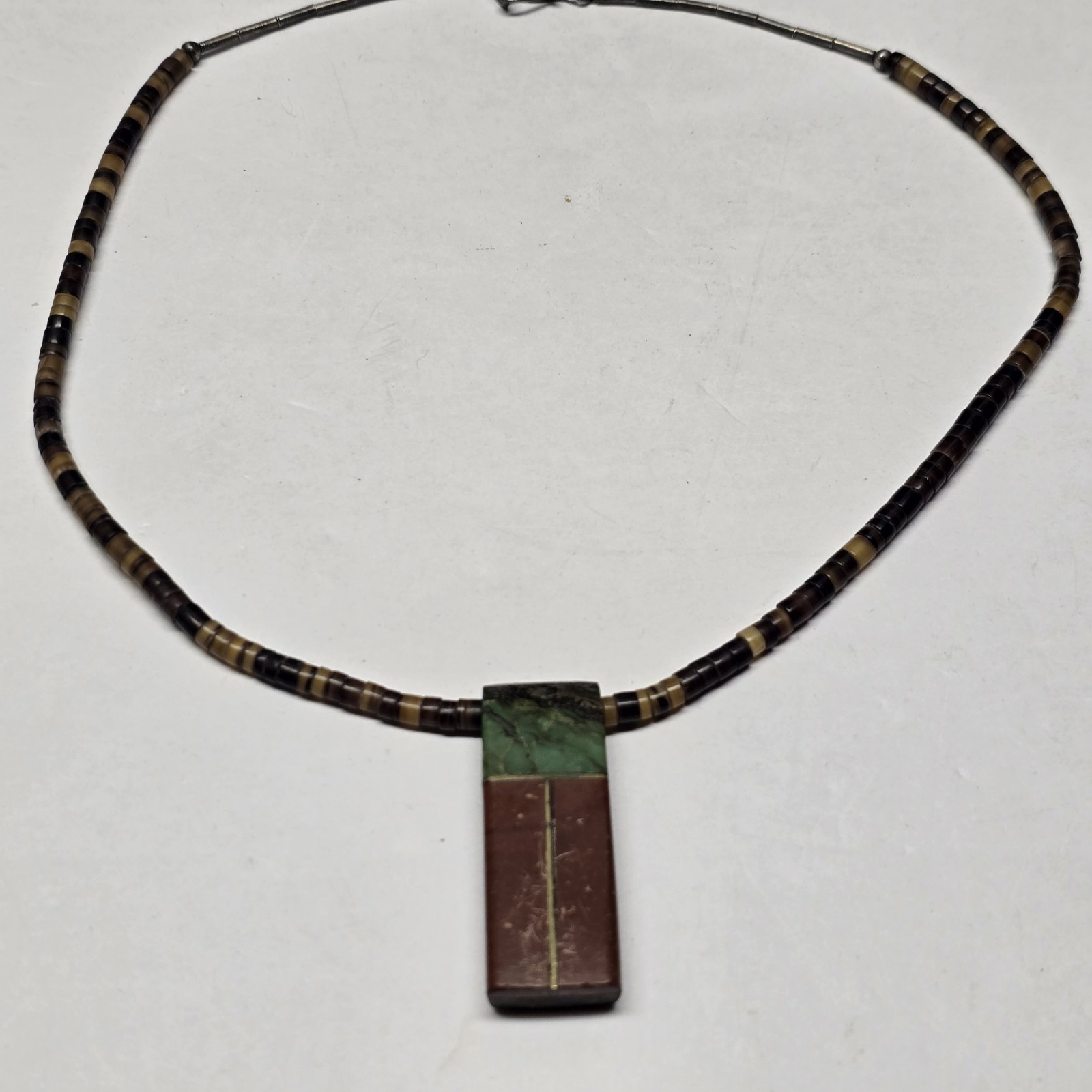 925 Sterling Clasp Heishi Necklace With Stone Inlay Pendant Southwestern 16″