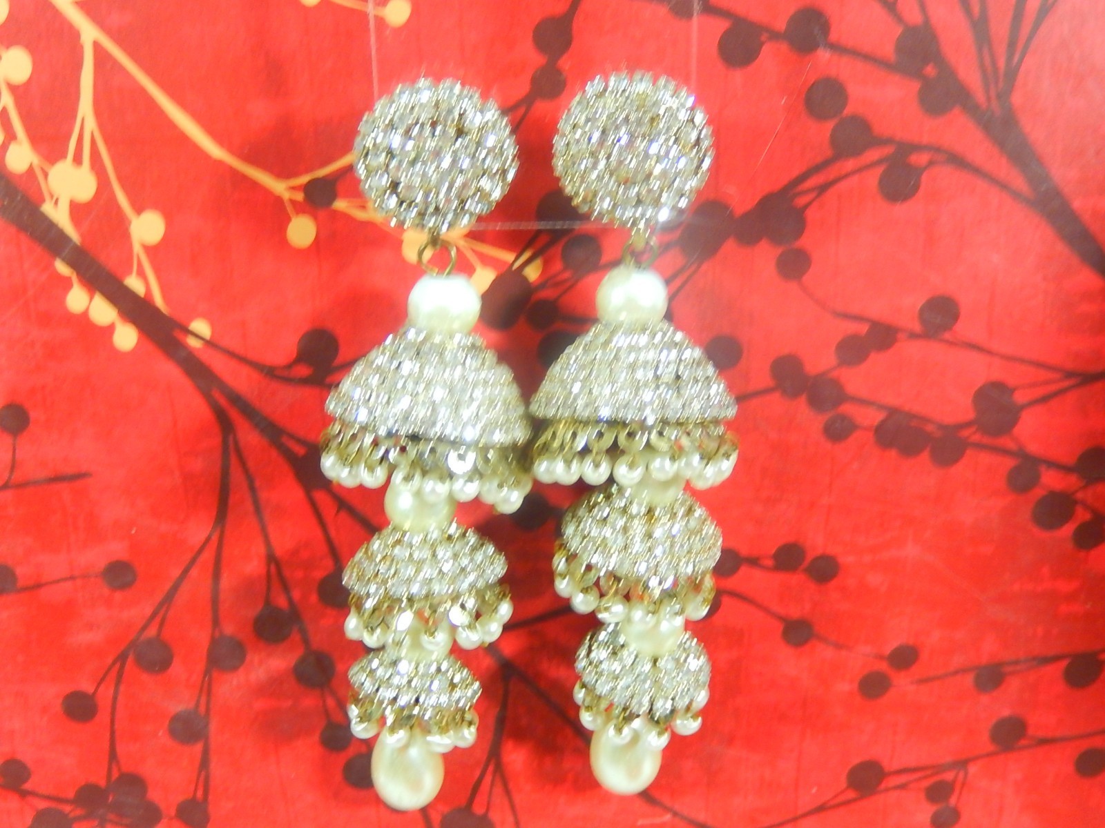 AMAZING 60s VTG DECO RHINESTONE FAUX PEARL 3 TIER CHANDELIER EARRINGS RUNWAY