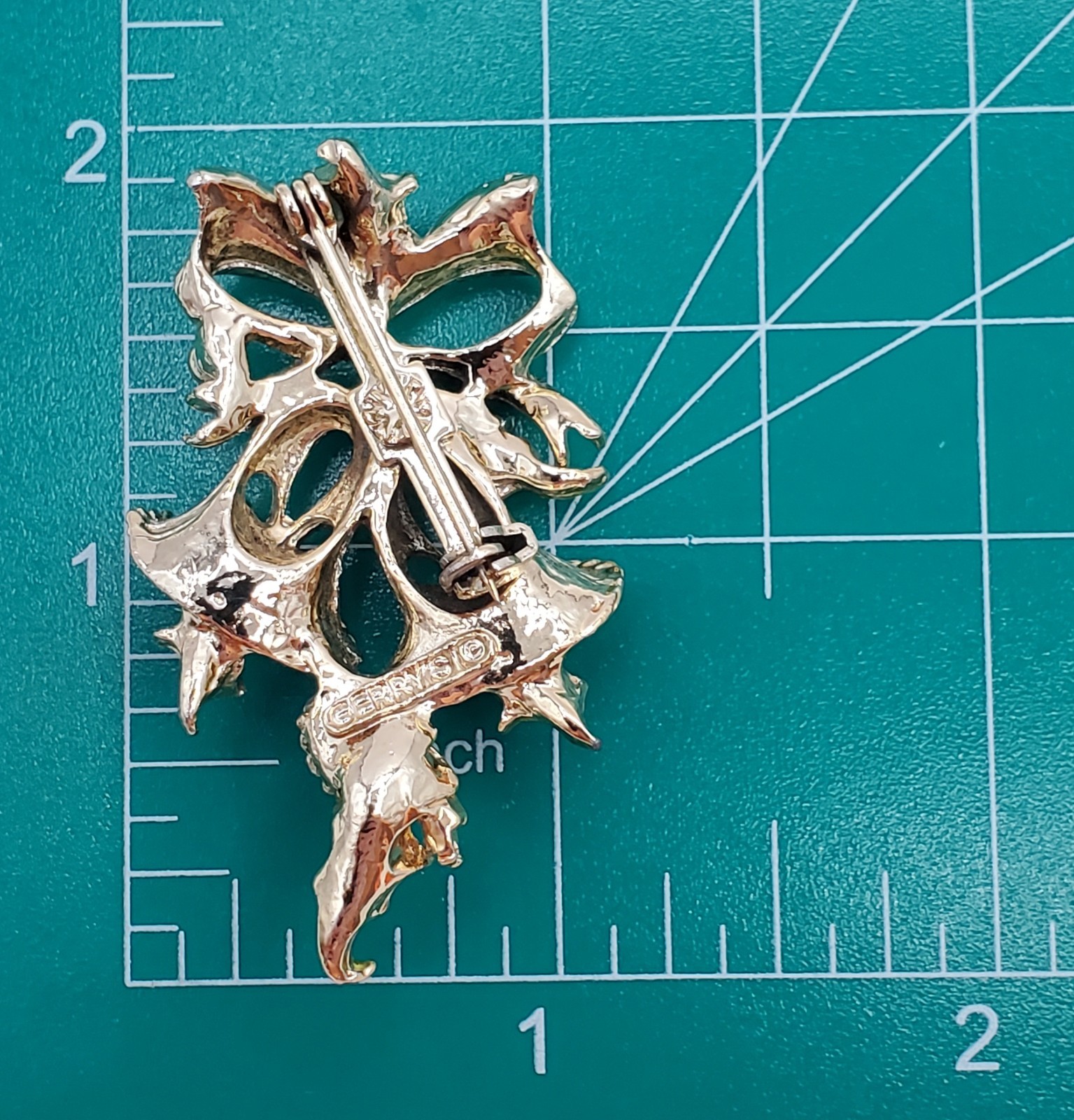 Gerrys Christmas Bells Brooch 2in Gold Tone Enameled Holly Pine Cone VTG Estate