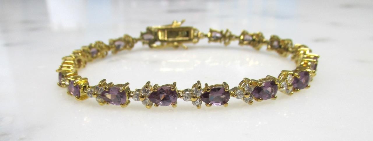 DBJ Amethyst & Clear Stone Gold Plated Sterling Silver Bracelet ~ 12g ~ 9-A506