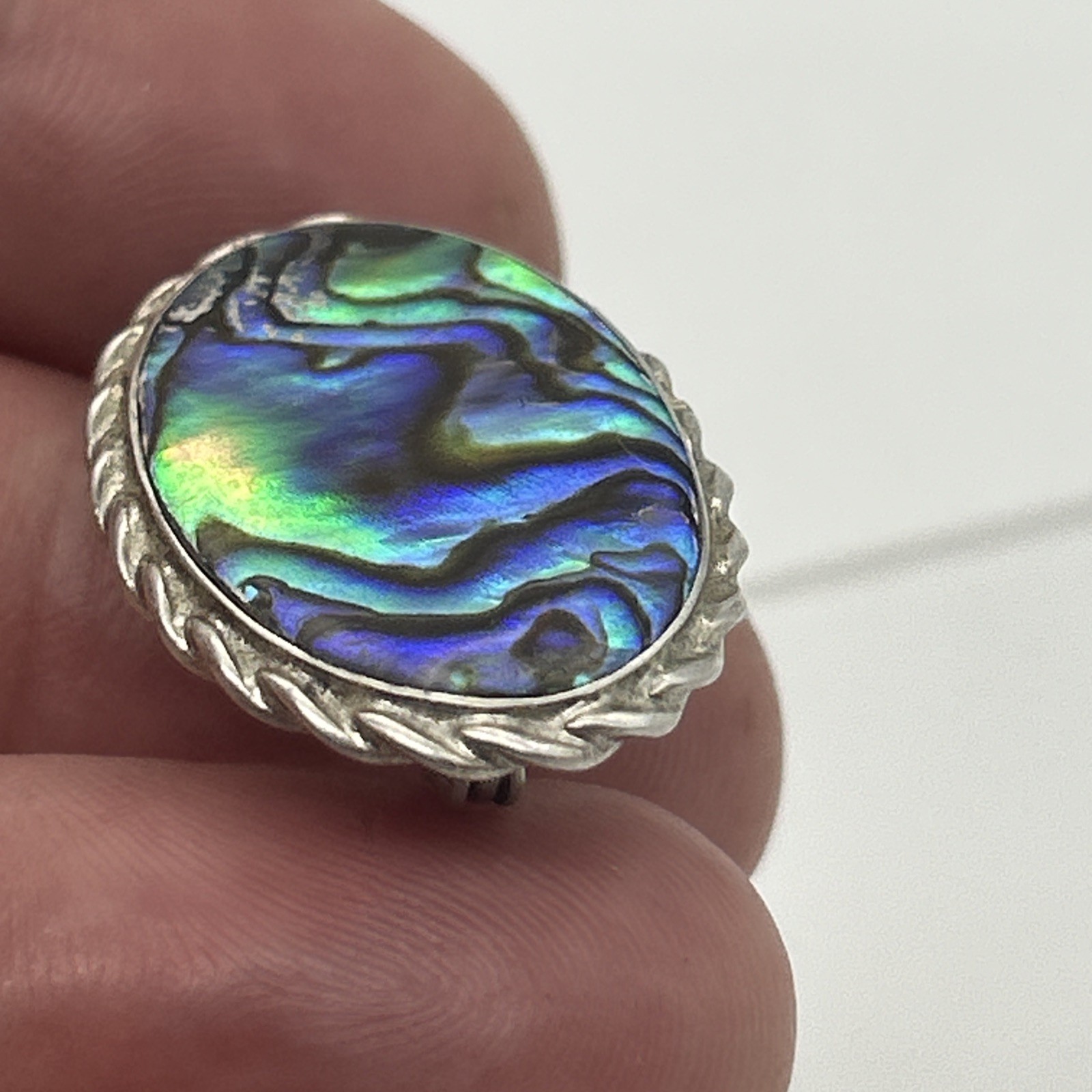 Vintage Paua Shell Sterling Silver Brooch 925 Oval Abalone Mother Of Pearl