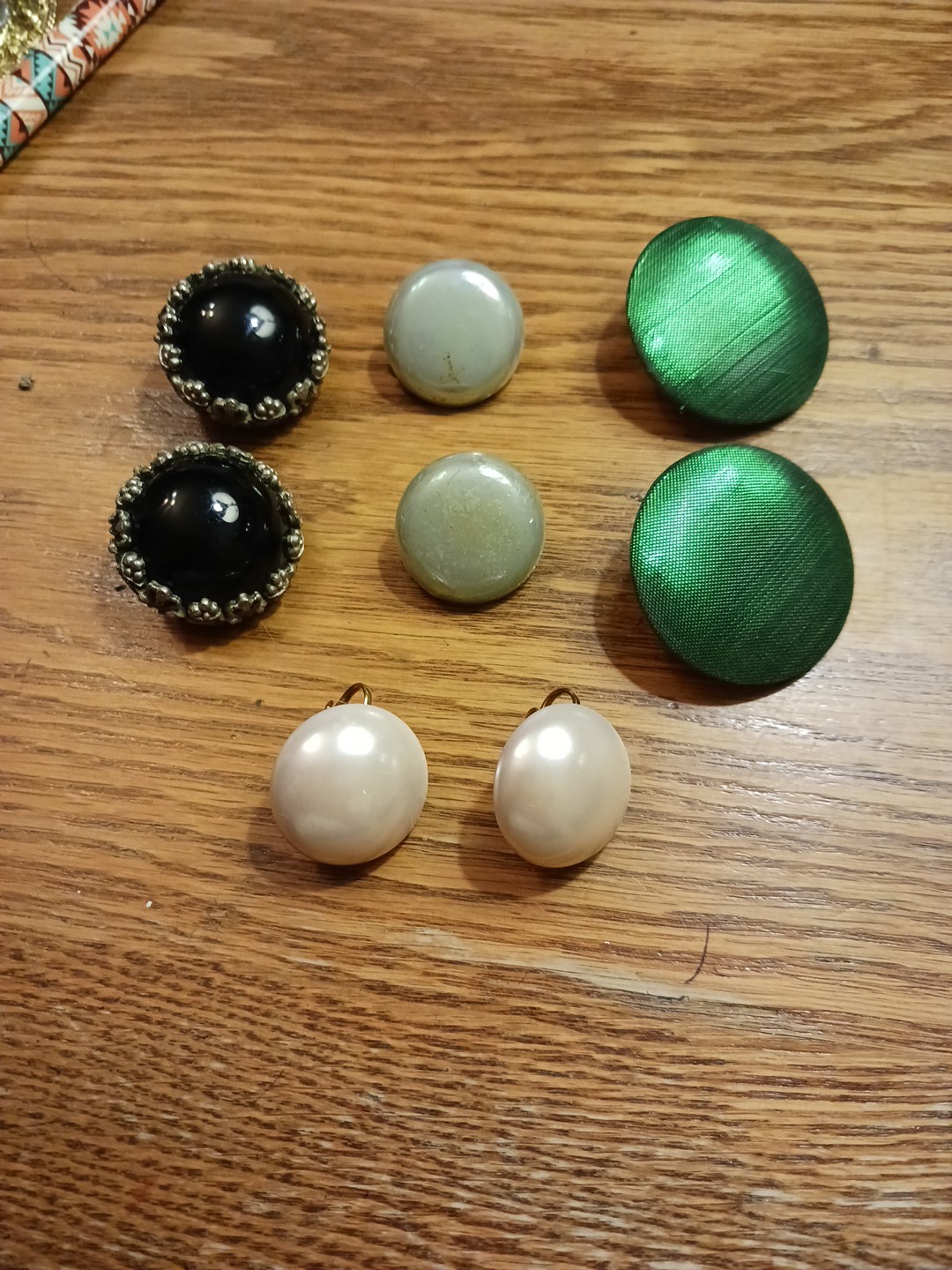 Vintage 4 Pr. Clip Back Earrings-1950s, 1980s. Round. Black, Green, Blue, White