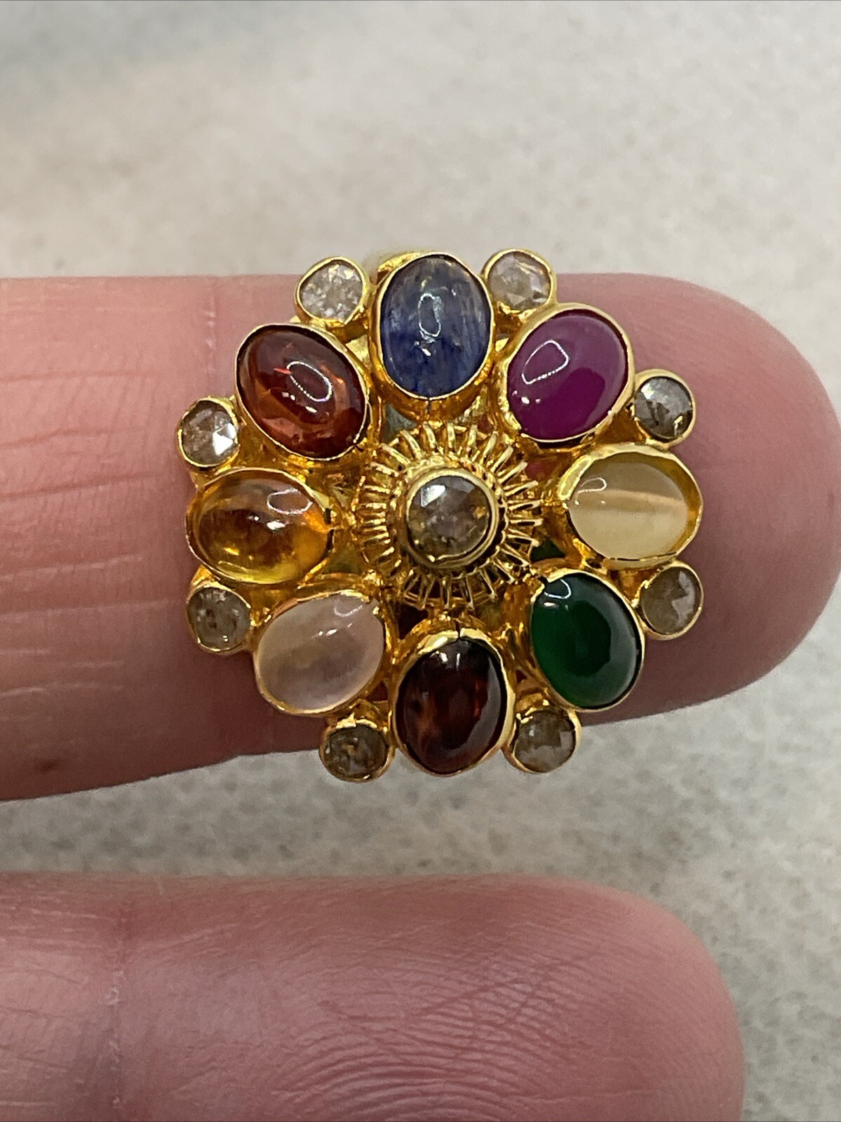 VINTAGE HANDMADE Solid 18K (750) Multicolor Gemstones & Rose Cut Diamonds Ring